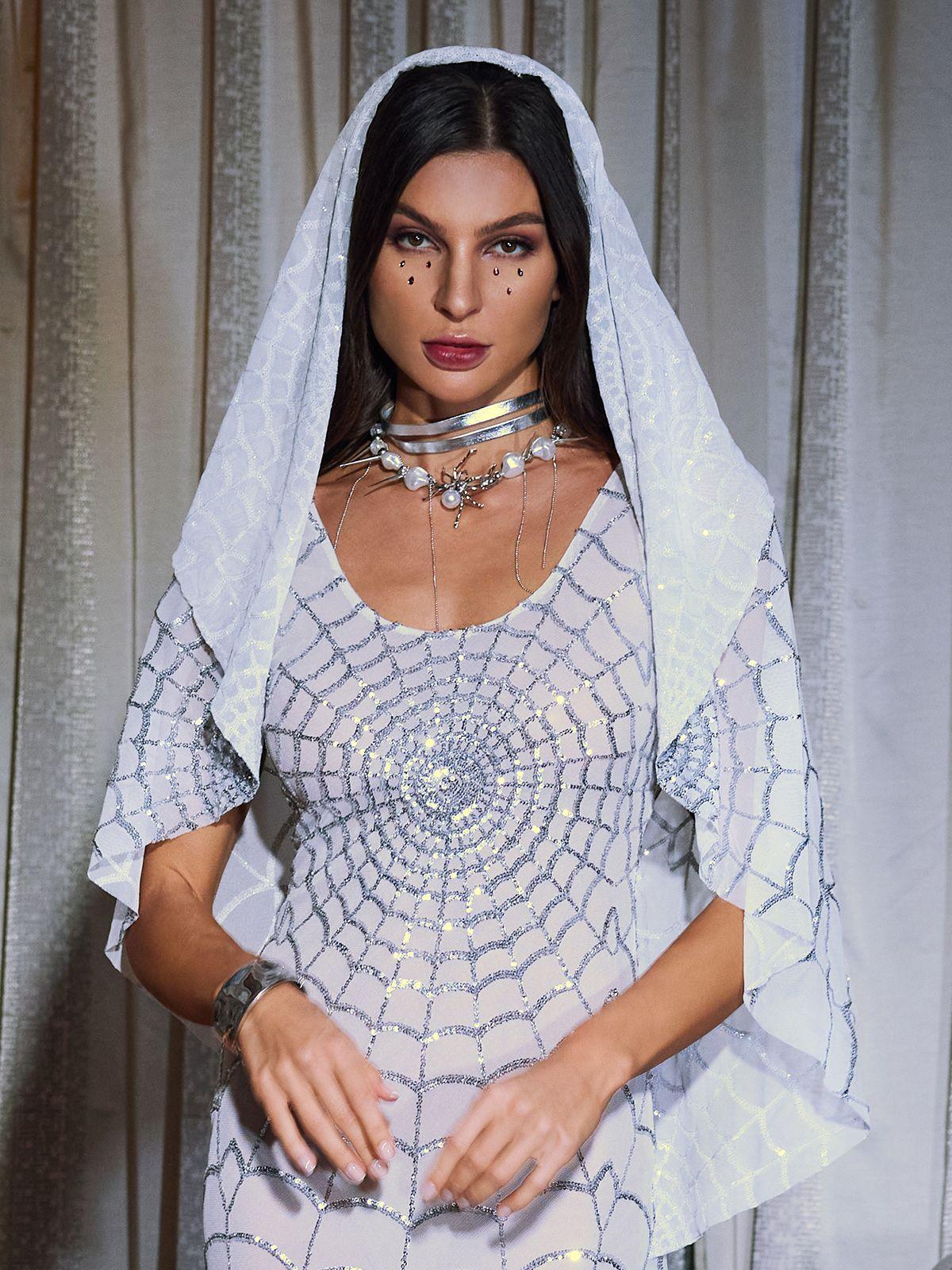 Calyx Cobweb Sequin Veil In White