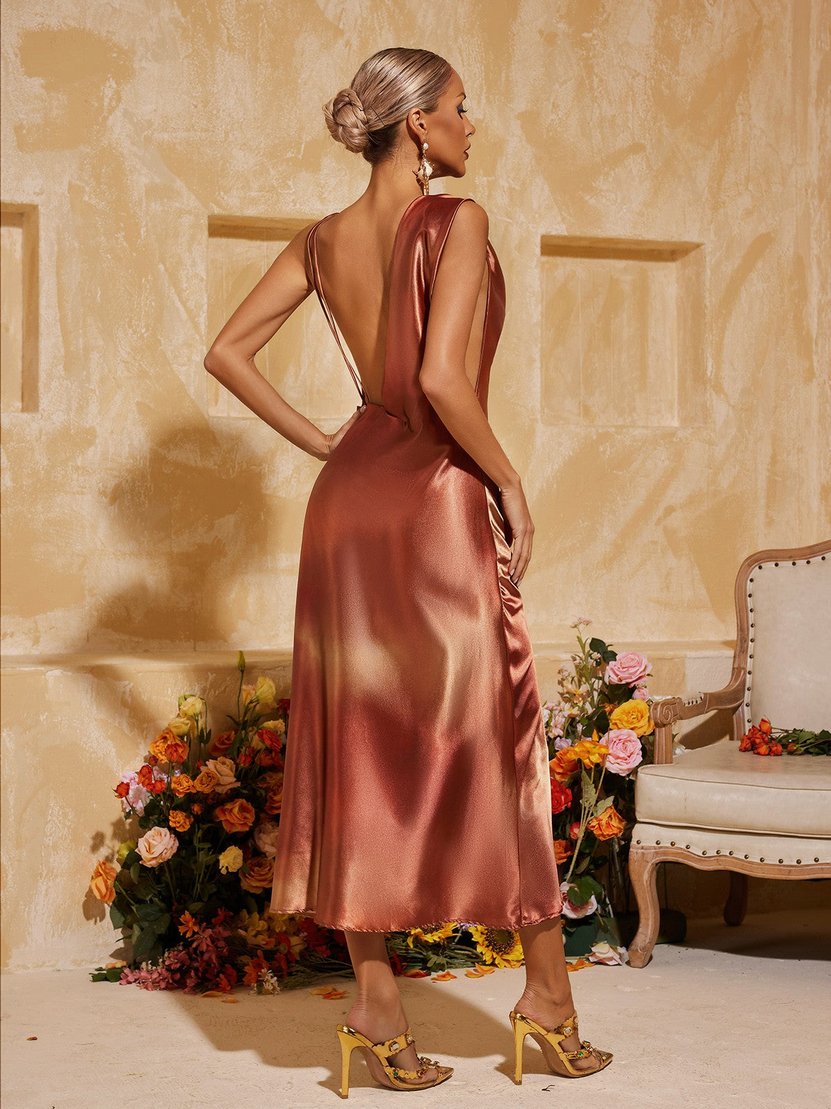 Aryndriel Sleeveless Cowl Neck Satin Midi Dress