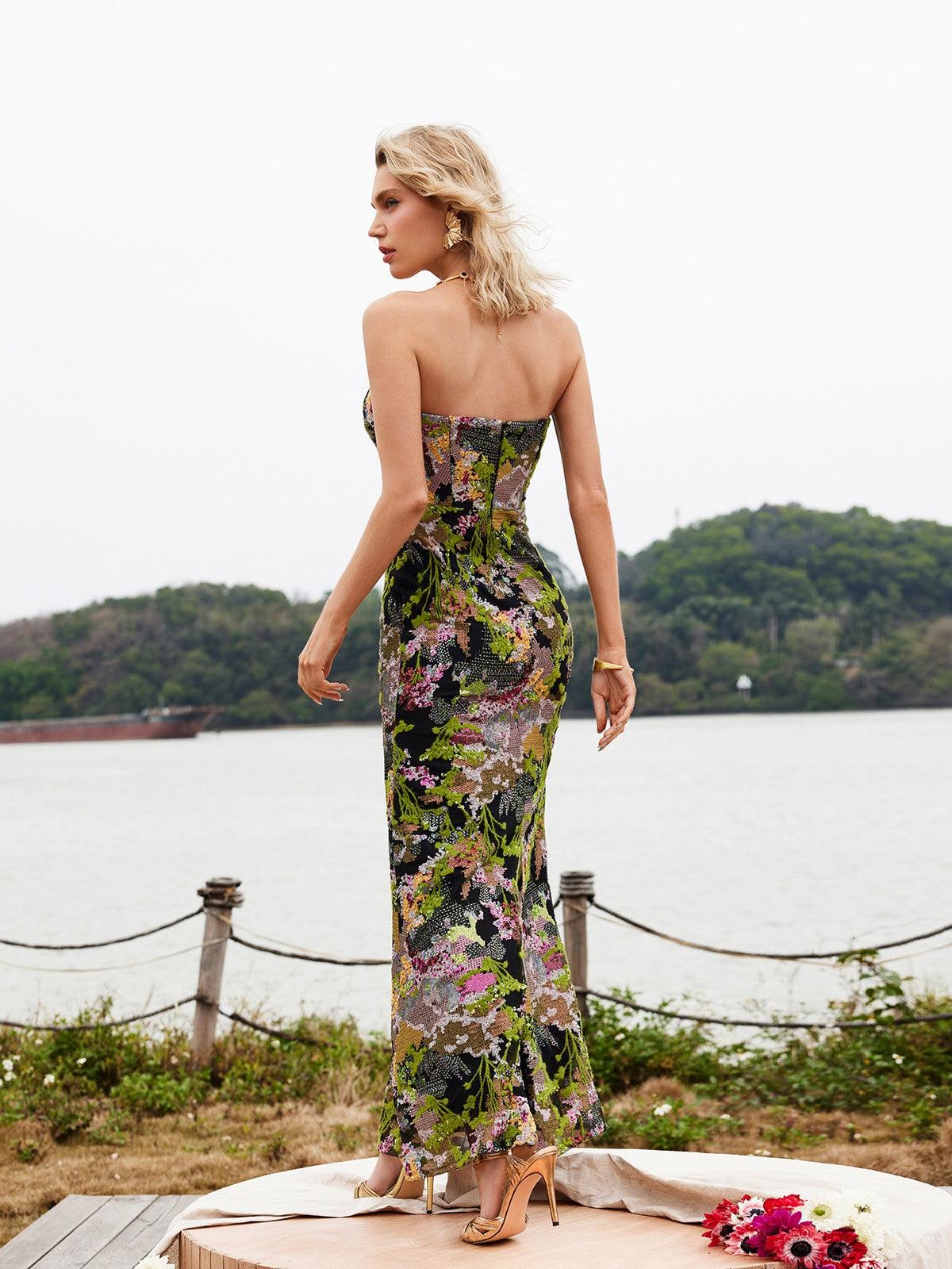 Asa Strapless Floral Sequin Maxi Dress
