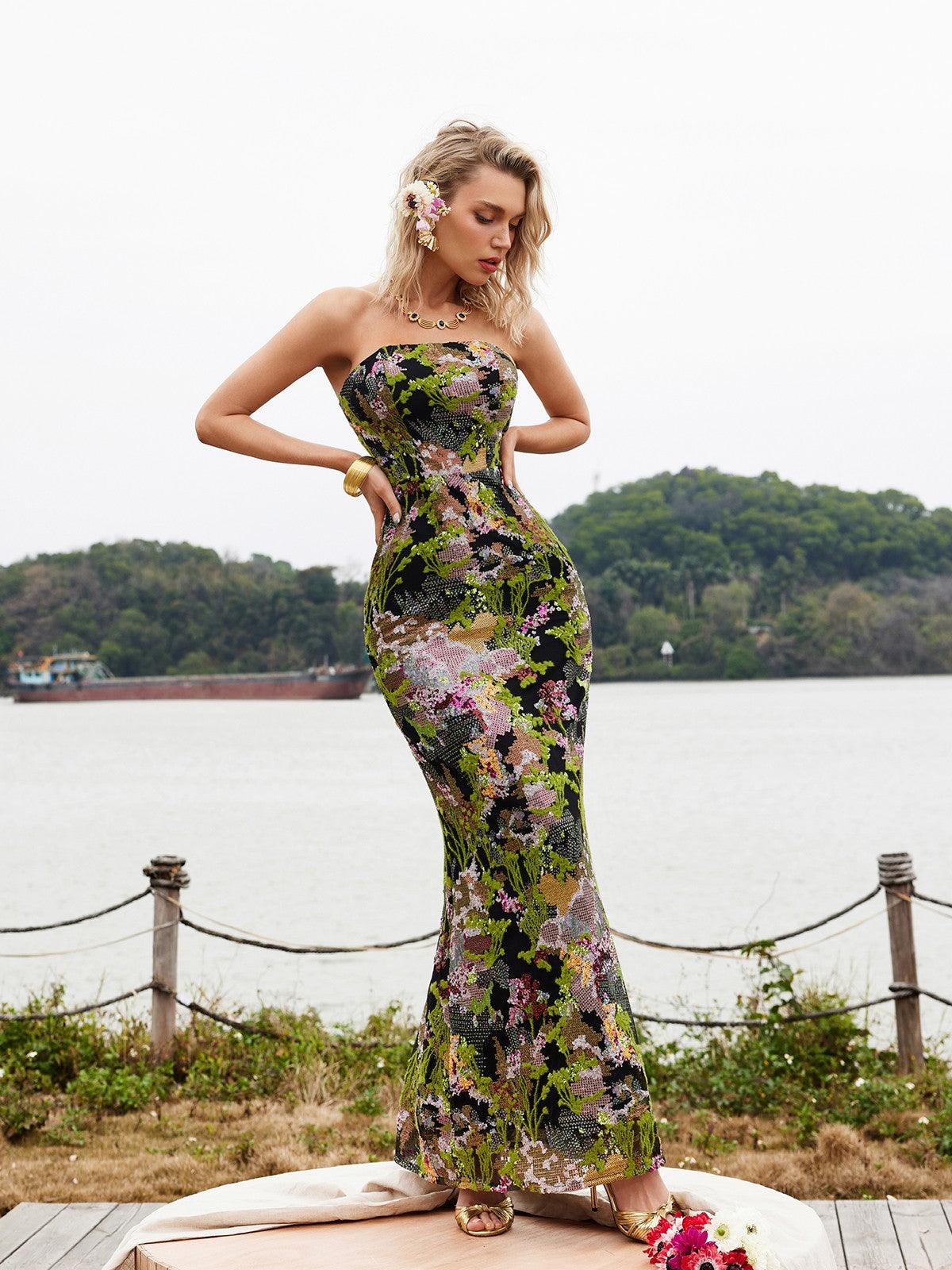 Asa Strapless Floral Sequin Maxi Dress