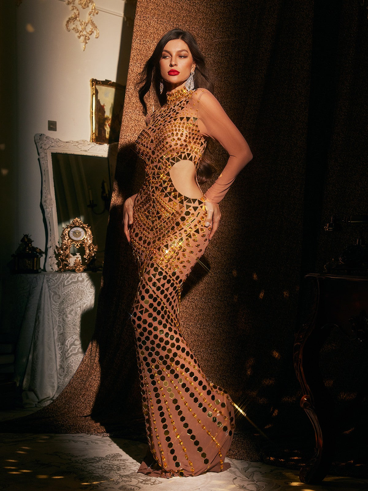 Athelis Cutout Embellished Mesh Maxi Dress