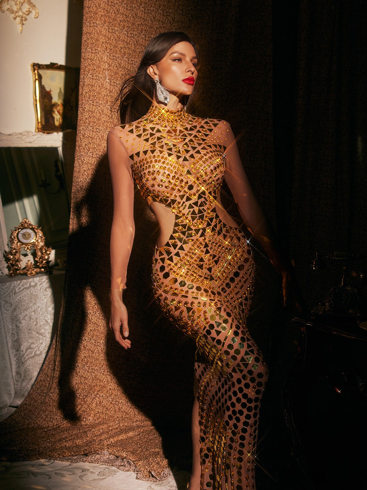 Athelis Cutout Embellished Mesh Maxi Dress