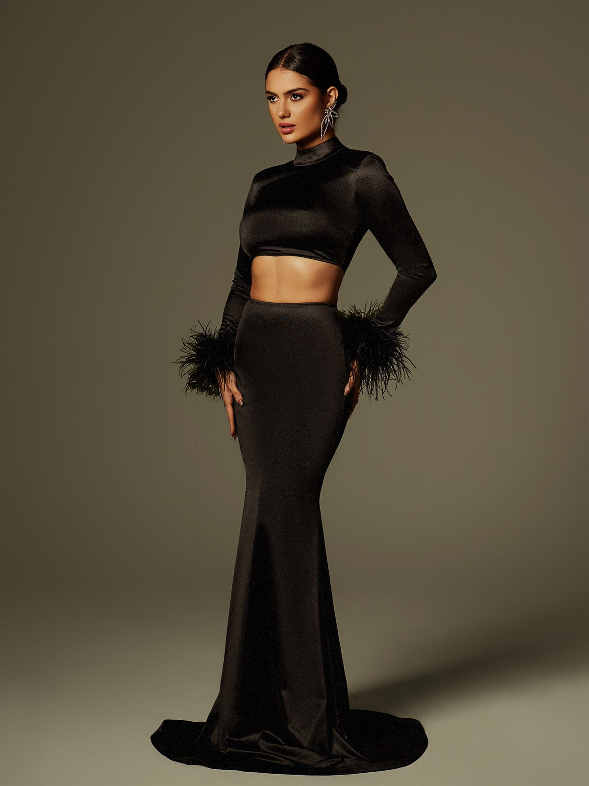 Avalee Long Sleeve Feather Satin Skirt Set