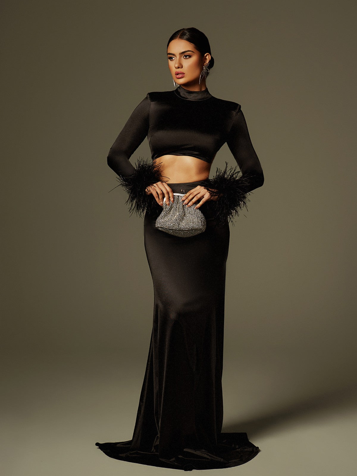 Avalee Long Sleeve Feather Satin Skirt Set