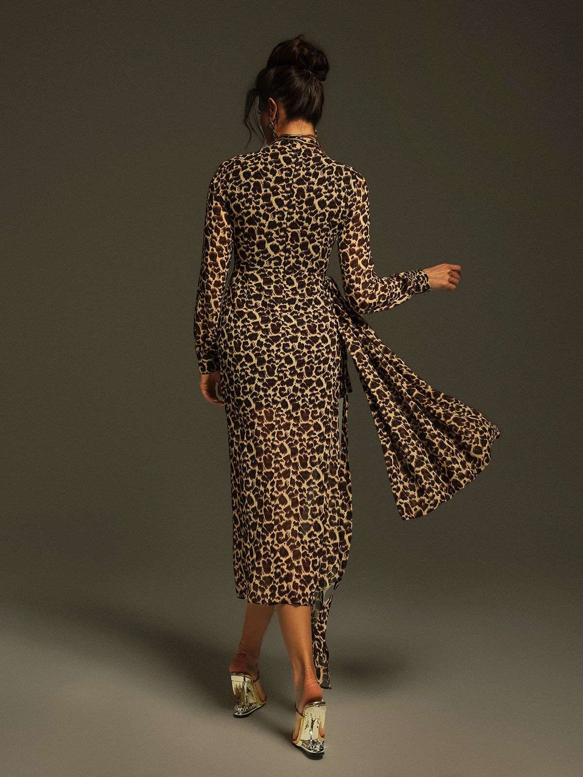 Ayam Long Sleeve Leopard Draped Midi Dress