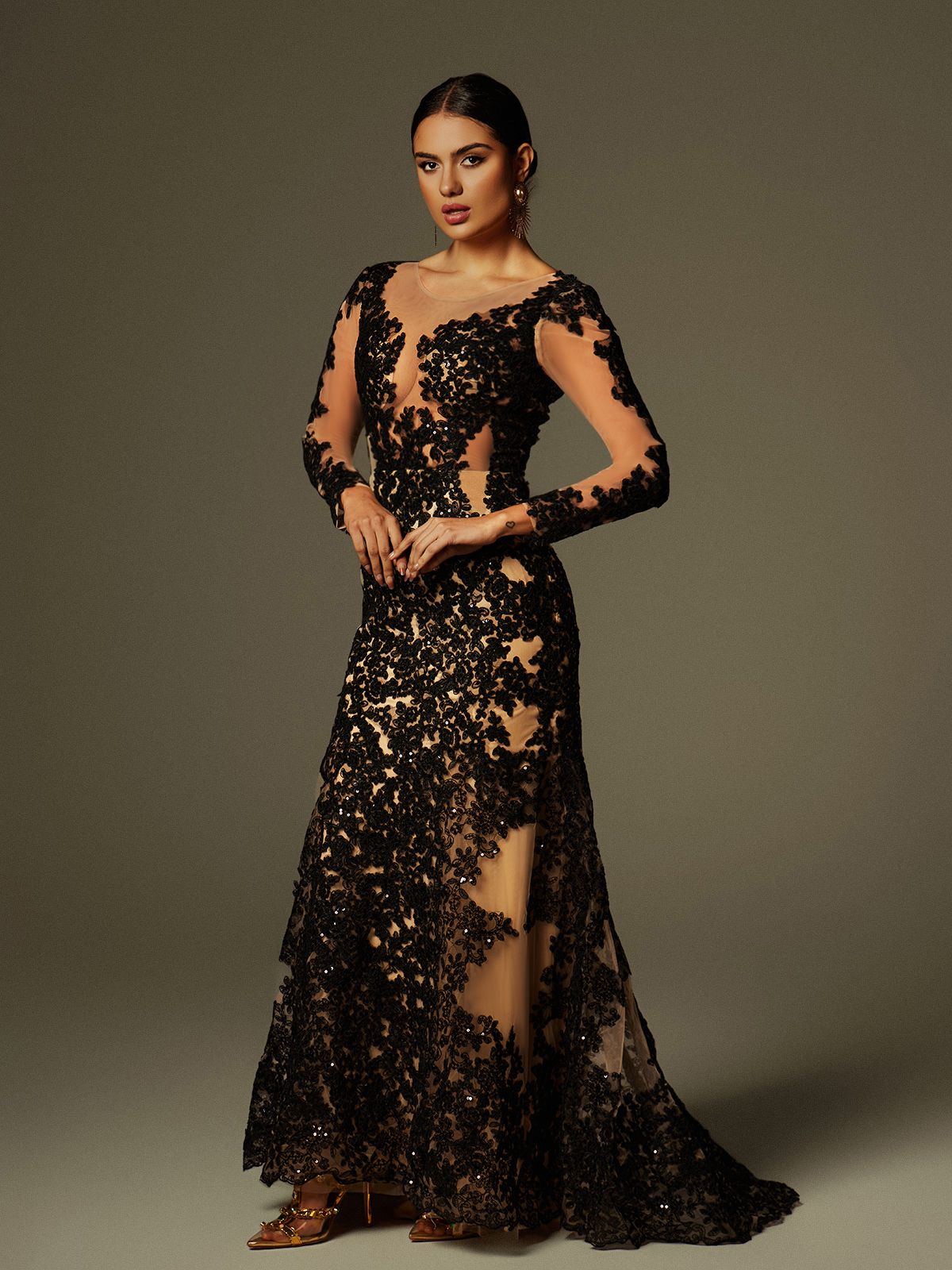 Ayesha Long Sleeve Lace Sequin Maxi Dress