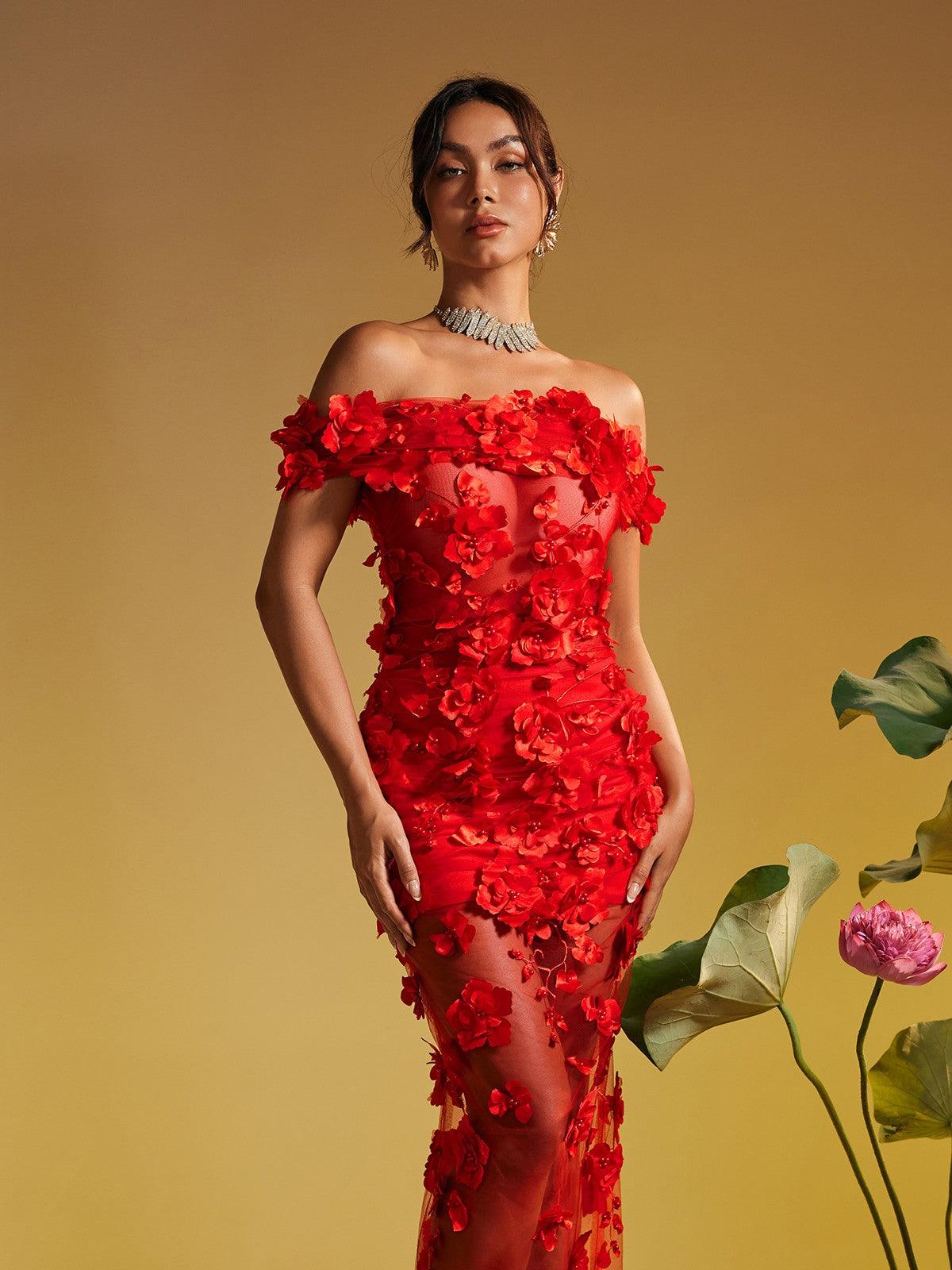 Azizi Off Shoulder Flower Mesh Maxi Dress