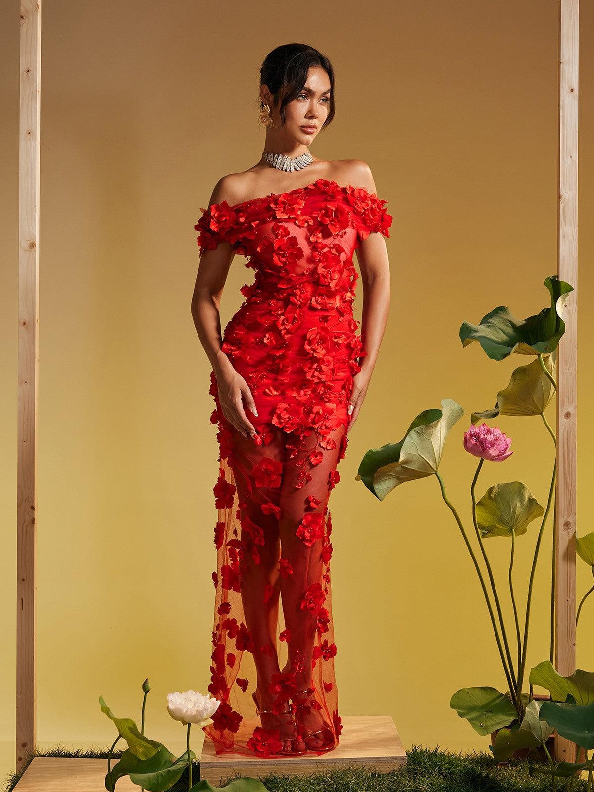 Azizi Off Shoulder Flower Mesh Maxi Dress