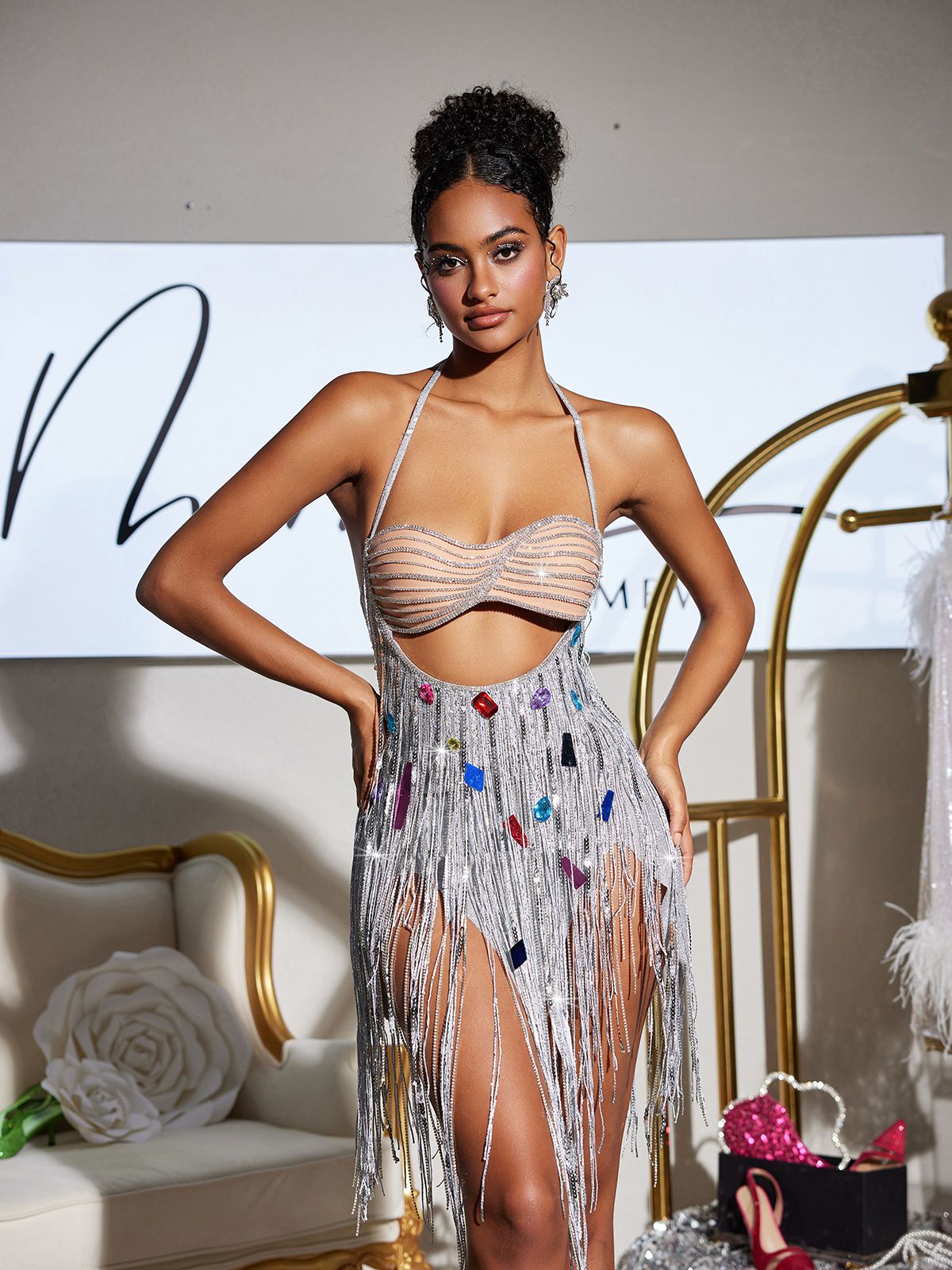 Bach Halterneck Crystal Chain Fringe Mini Dress