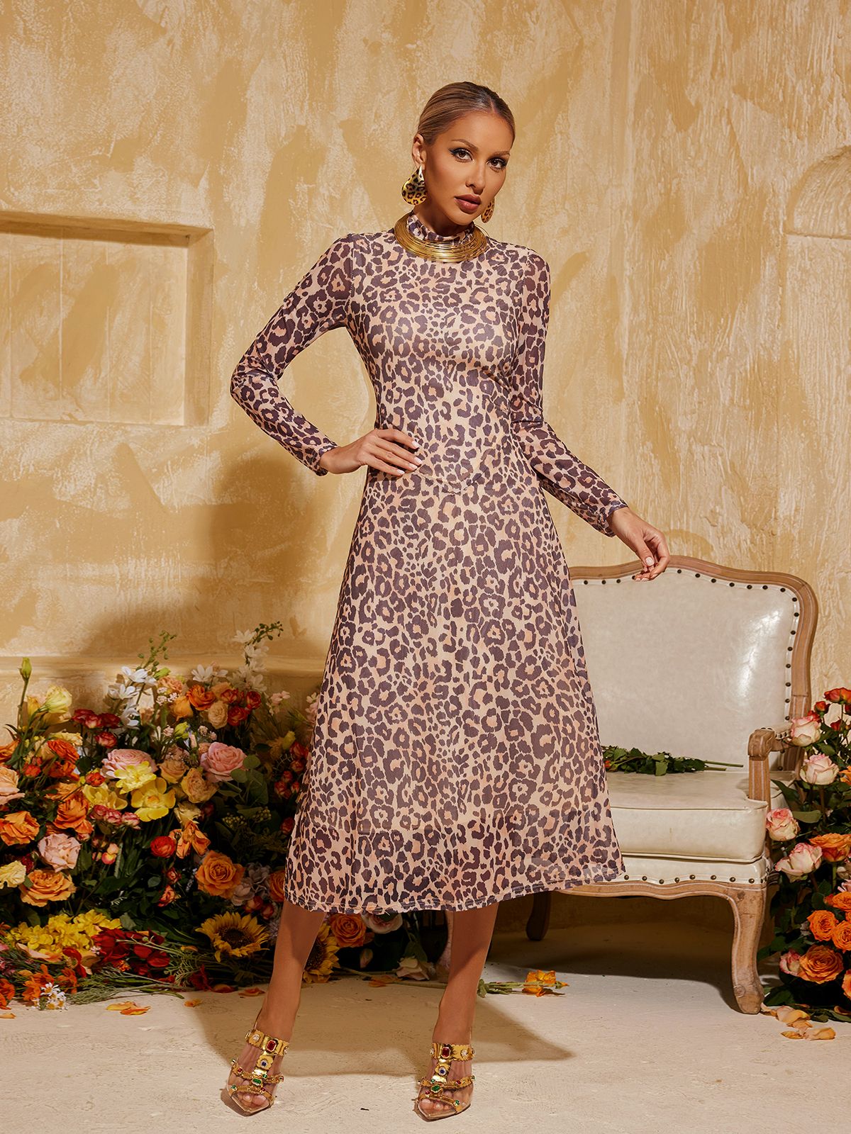 Baelorix Long Sleeve Leopard Midi Dress In Brown