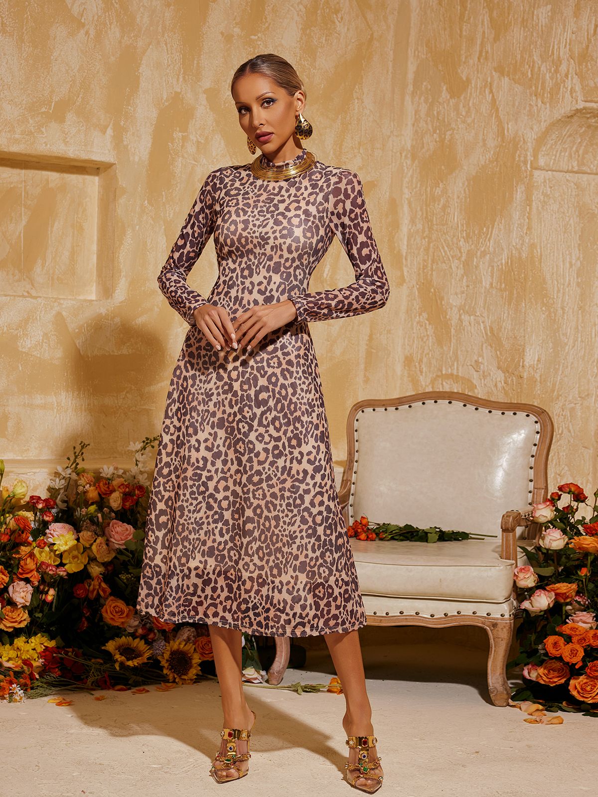 Baelorix Long Sleeve Leopard Midi Dress In Brown
