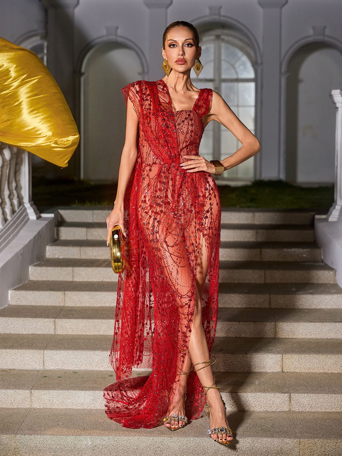 Bailee Split Sequin Maxi Dress In Red