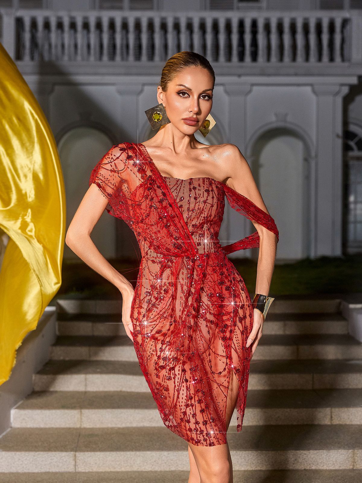 Bailee Split Sequin Mini Dress In Red