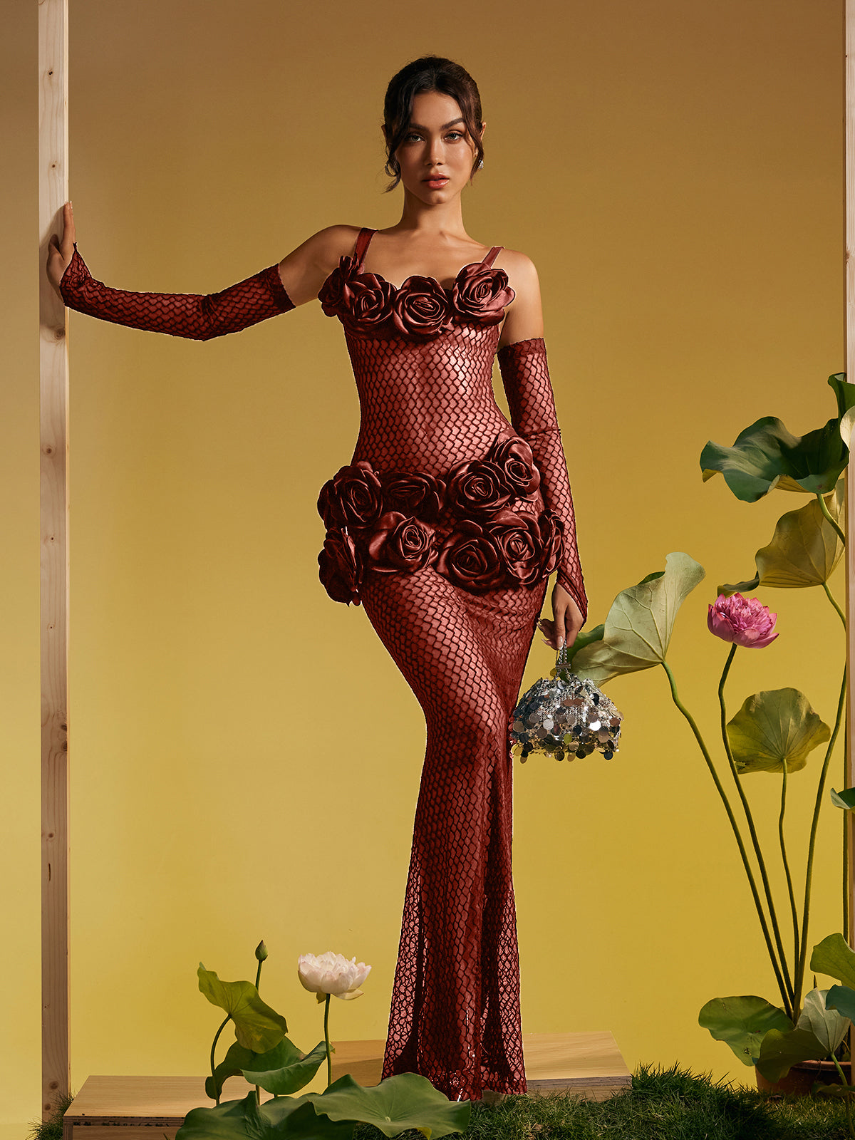 Barbara Spaghetti Cutout Flower Maxi Dress In Brown