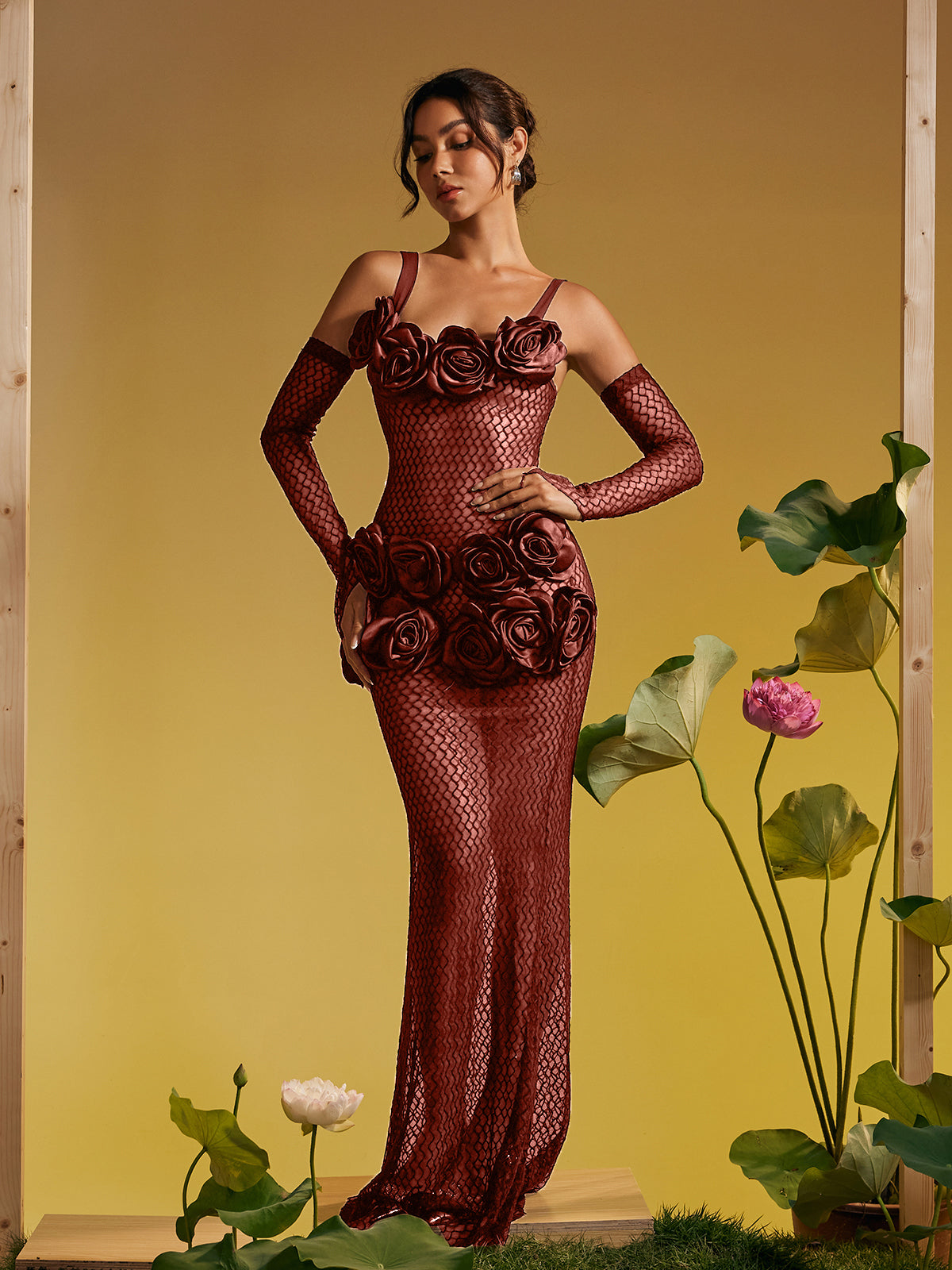 Barbara Spaghetti Cutout Flower Maxi Dress In Brown