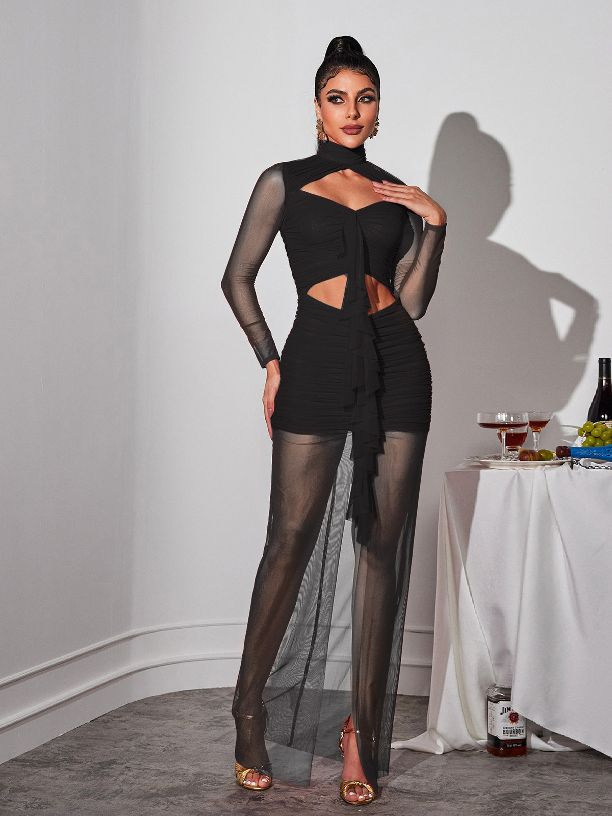 Bedelia Long Sleeve Cutout Mesh Maxi Dress In Black