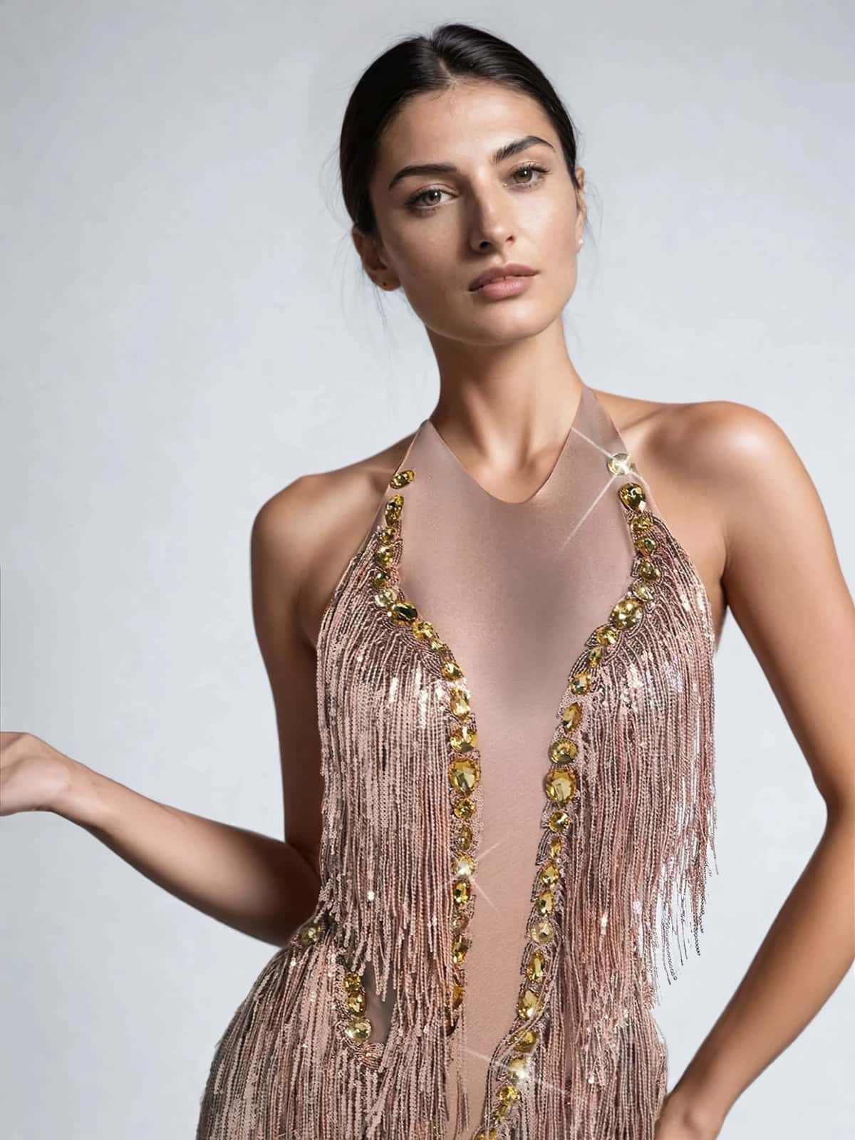 Benicio Halterneck Fringe Sequin Bodysuit