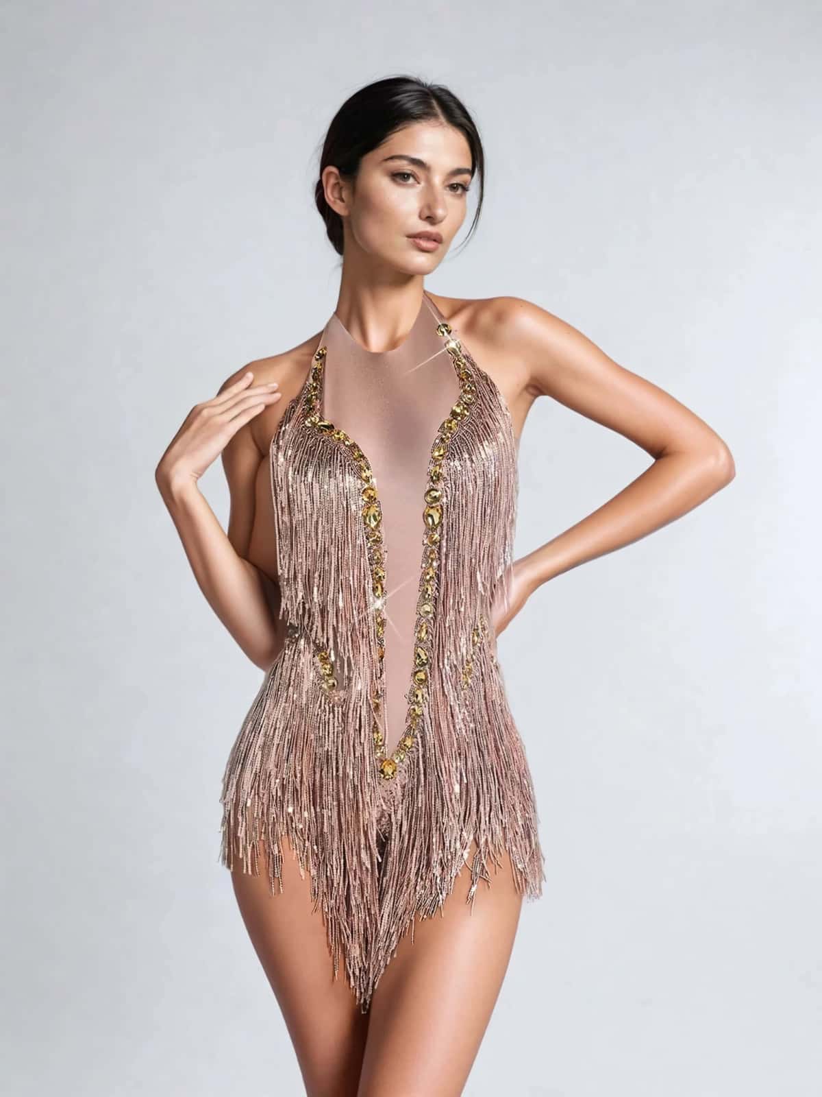 Benicio Halterneck Fringe Sequin Bodysuit