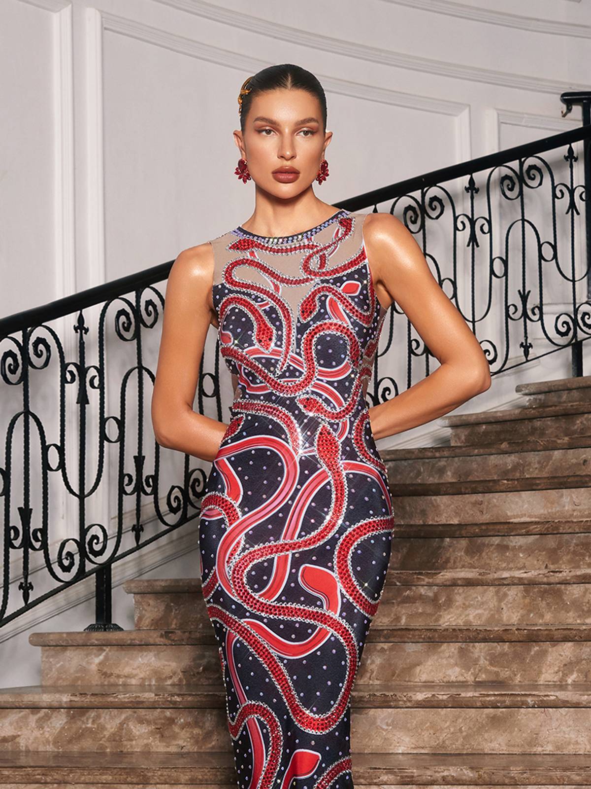 Bieda Snake Printed Rhinestone Maxi Dress