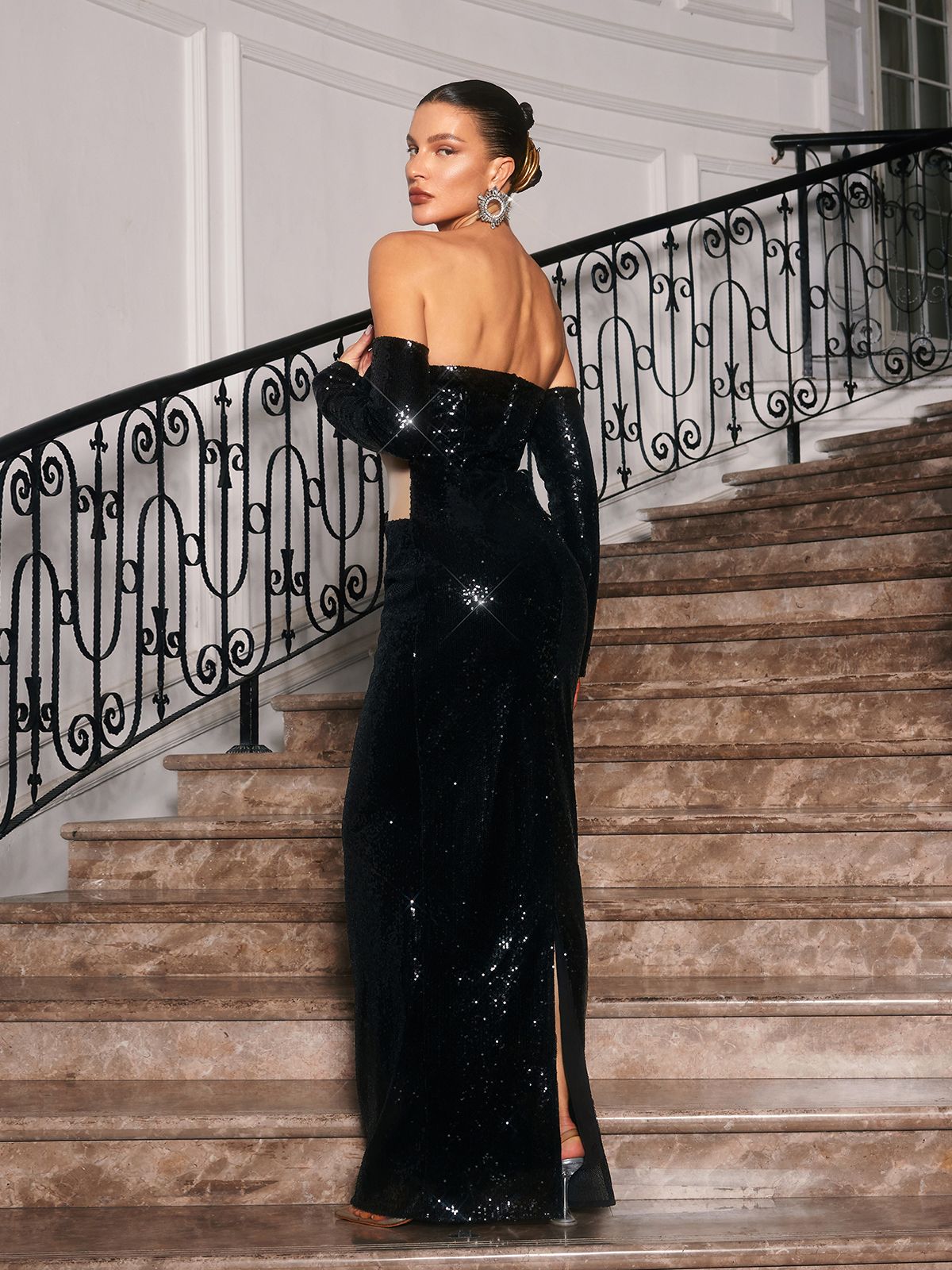 Binnie Off Shoulder Sequin Maxi Dress