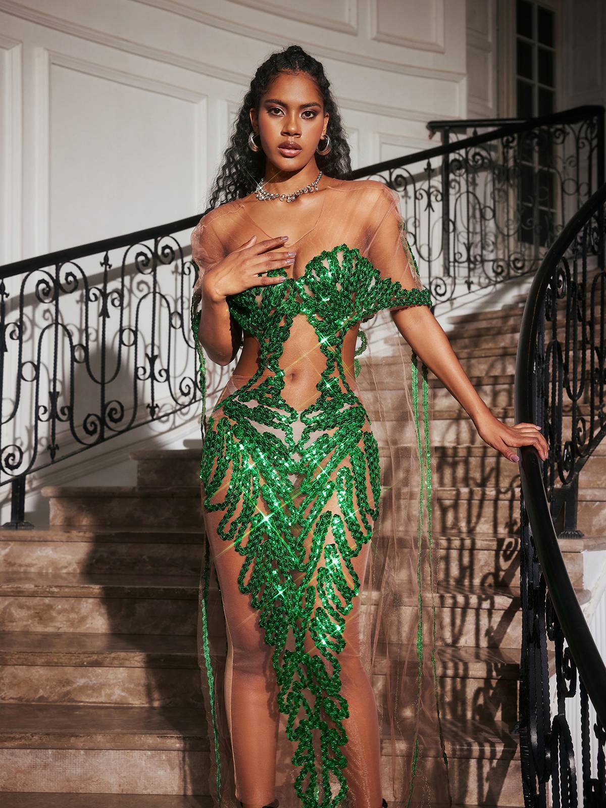 Blondene Cutout Sequin Embellished Maxi Dress