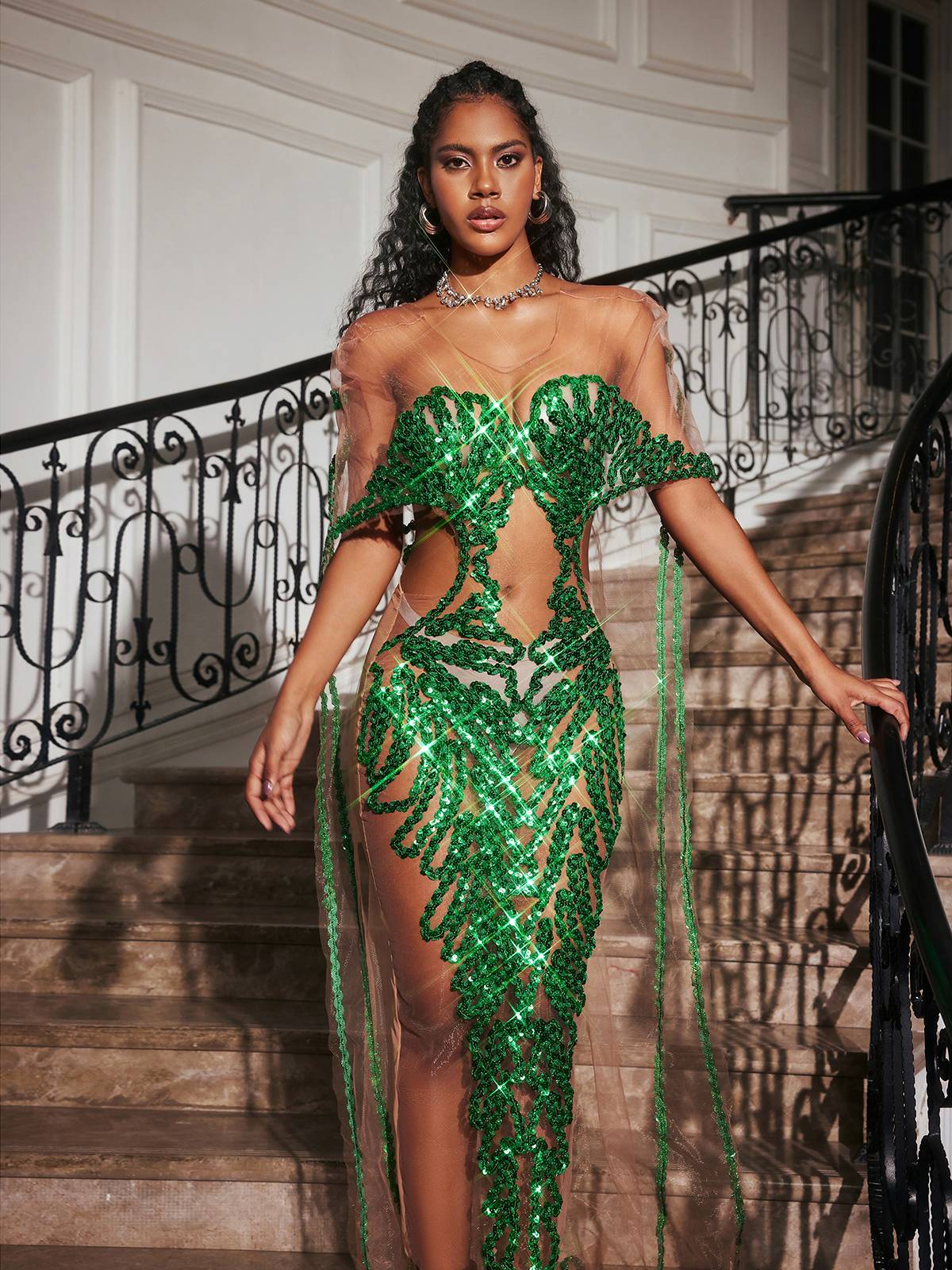 Blondene Cutout Sequin Embellished Maxi Dress