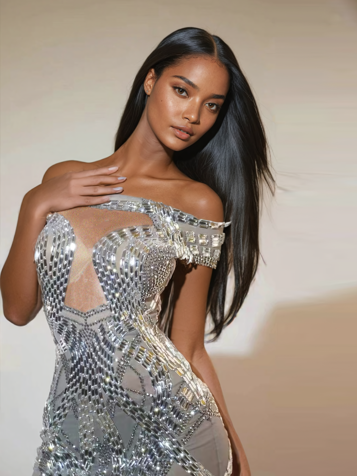 Bly Off Shoulder Rhinestone Mini Dress In Silver