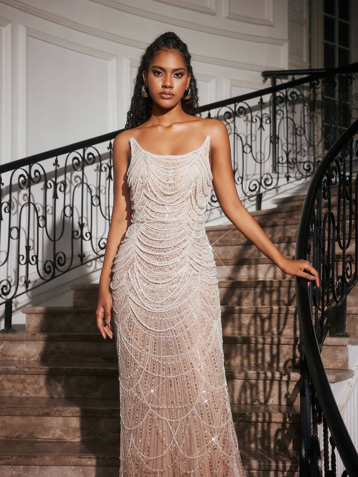 Branddun Strapless Pearl Embellished Maxi Dress