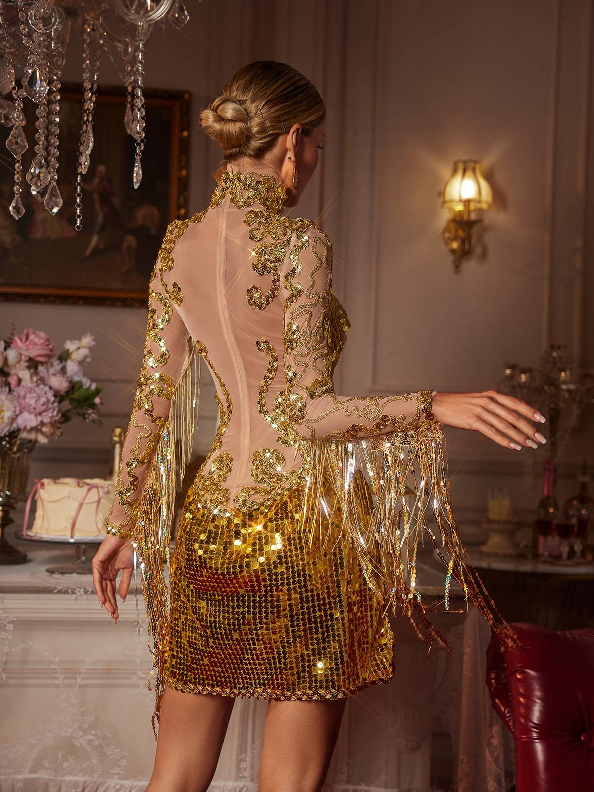 Braychan Embellished Fringe Split Mini Dress In Gold