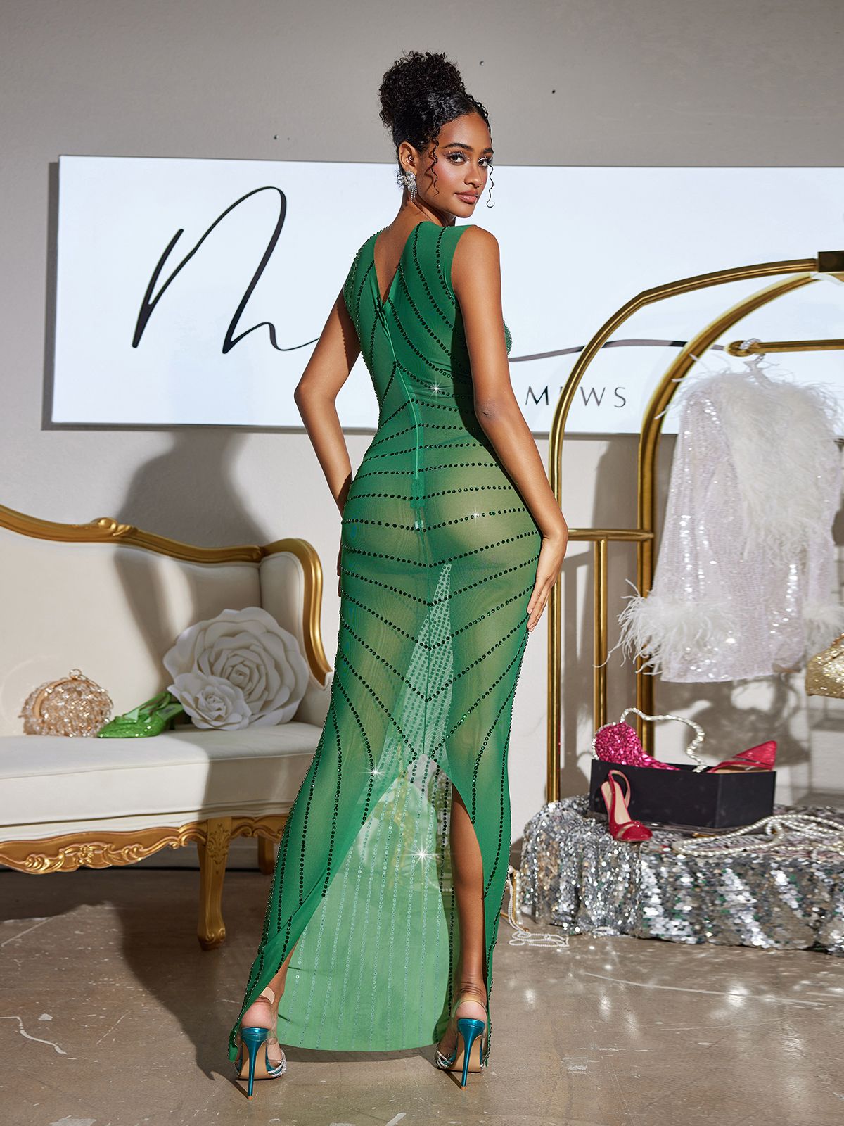 Brody Printed Rhinestone Split Maxi Dress In Green