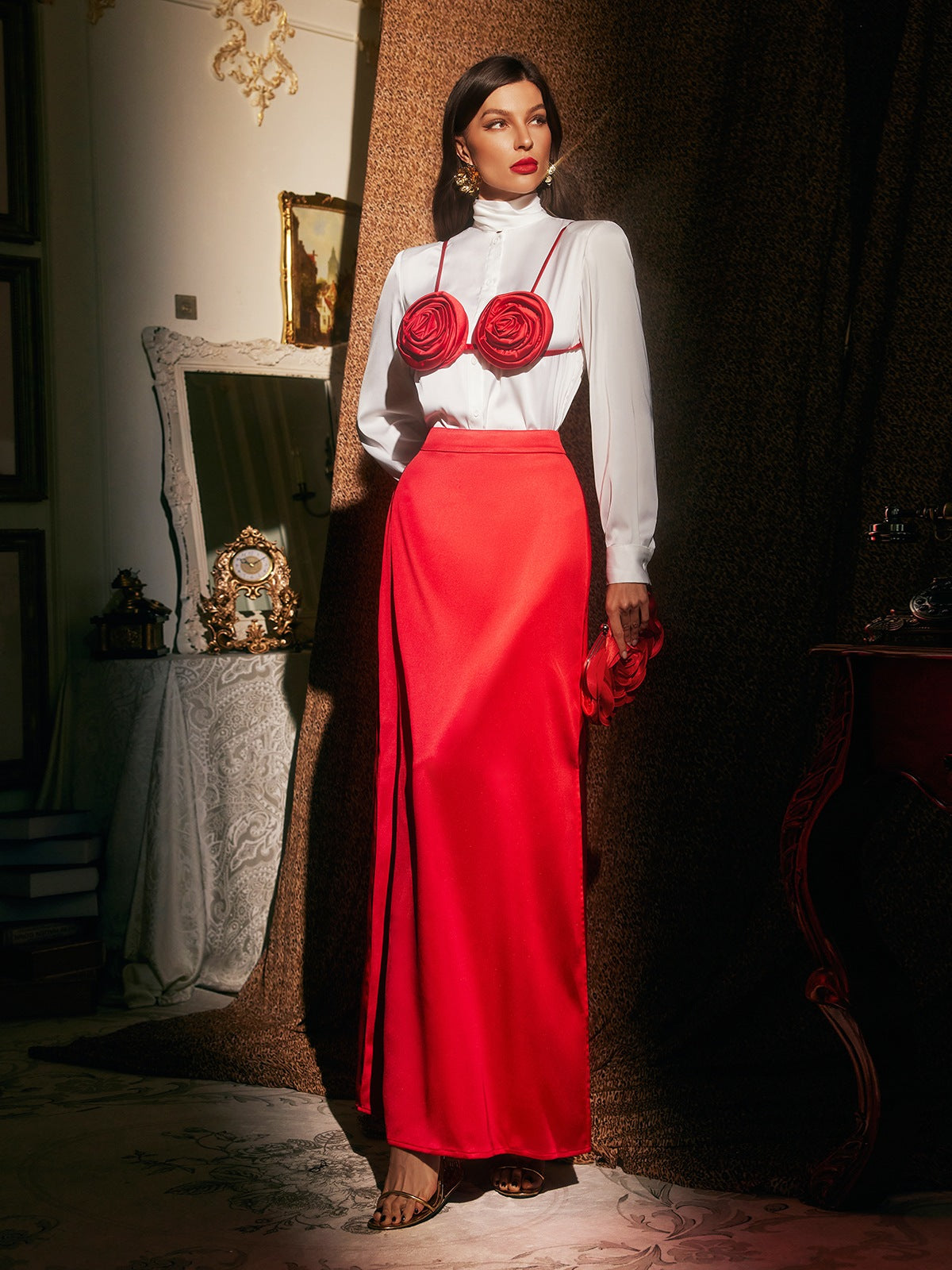 Brynthos Flower Satin Skirt Three Piece Set