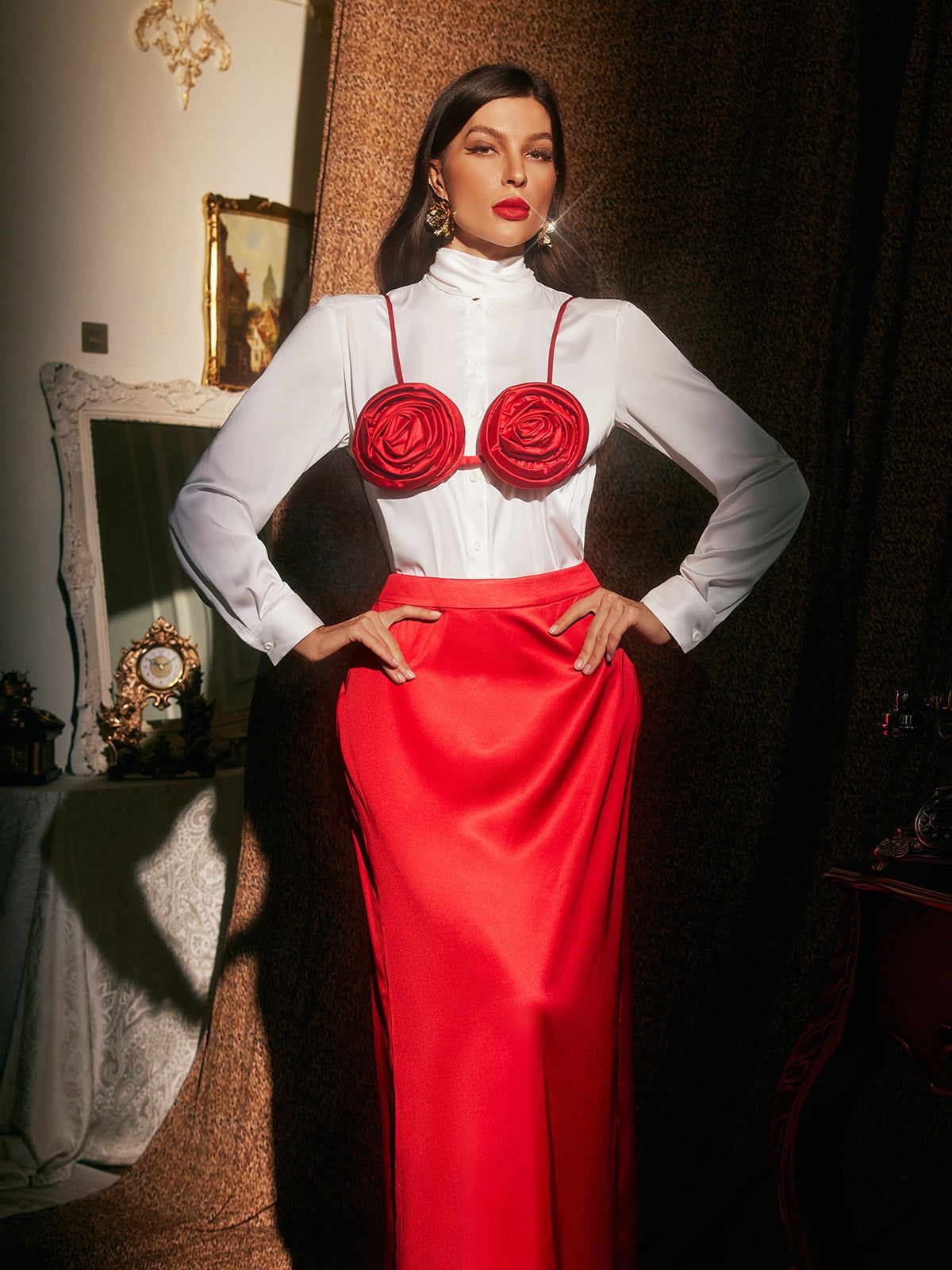 Brynthos Flower Satin Skirt Three Piece Set