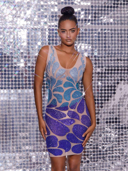 Cairo Crystal Embellished Mini Dress In Light Nude & Blue
