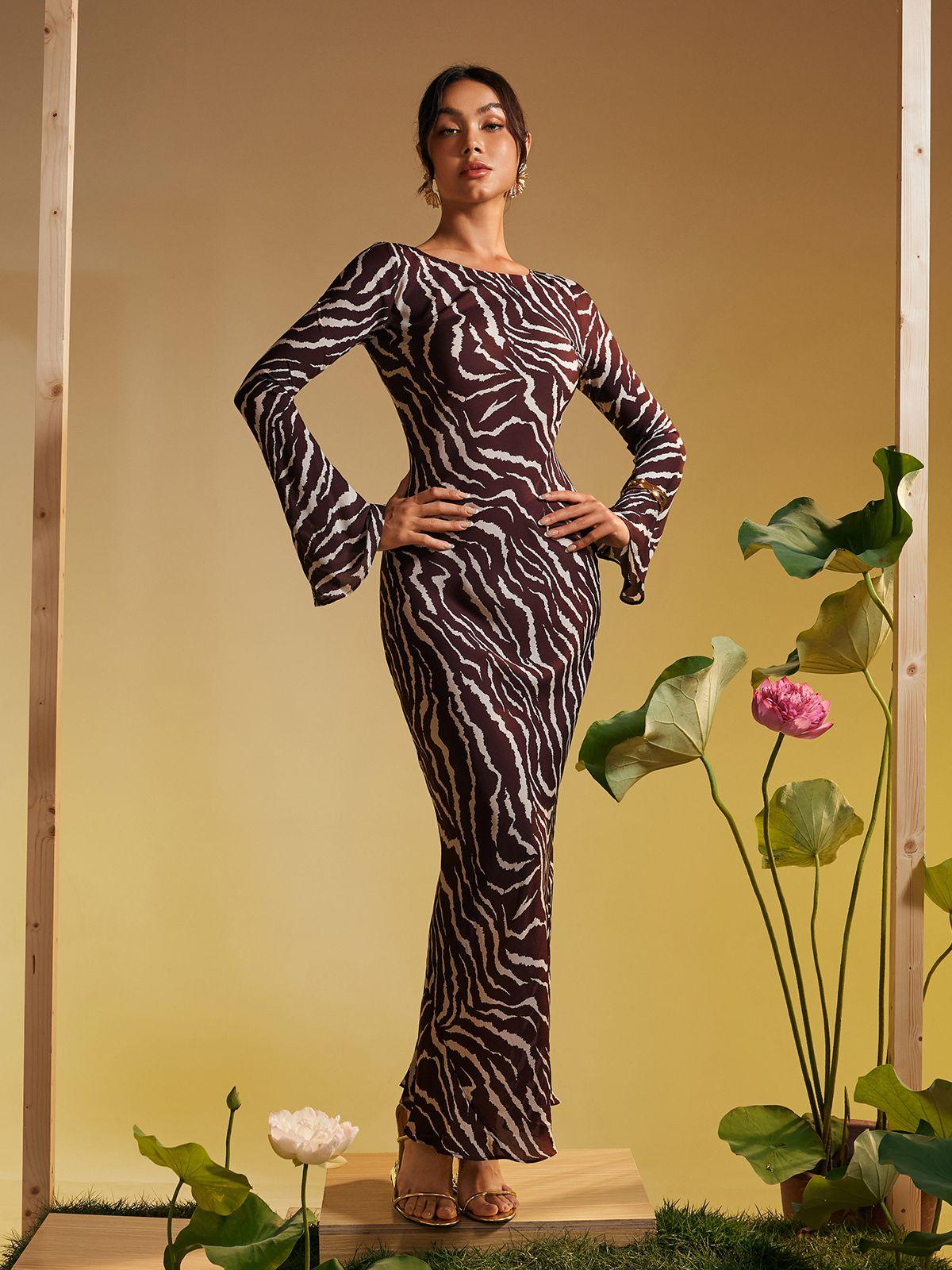 Cecily Long Sleeve Tiger Printed Maxi Dress