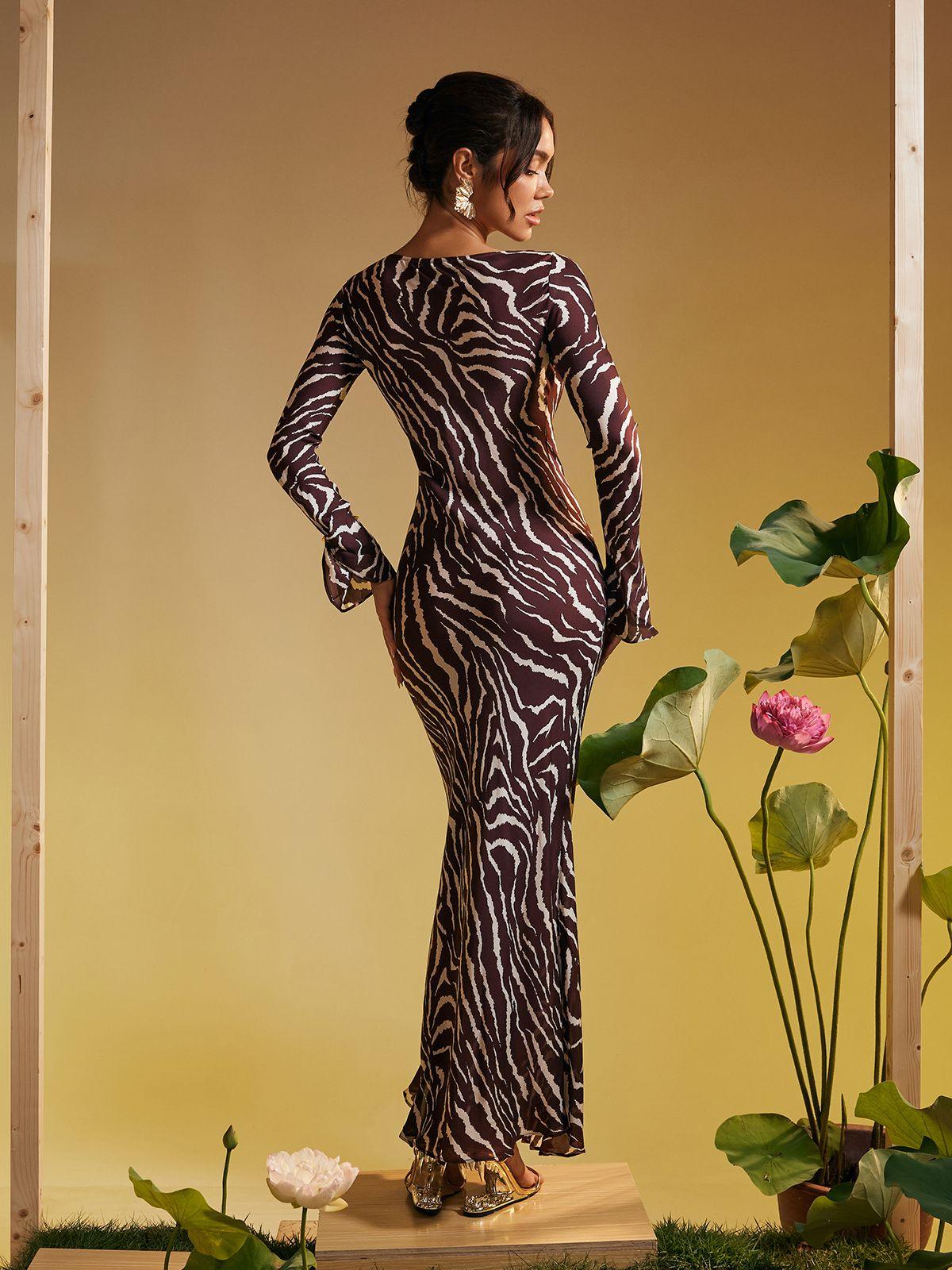 Cecily Long Sleeve Tiger Printed Maxi Dress