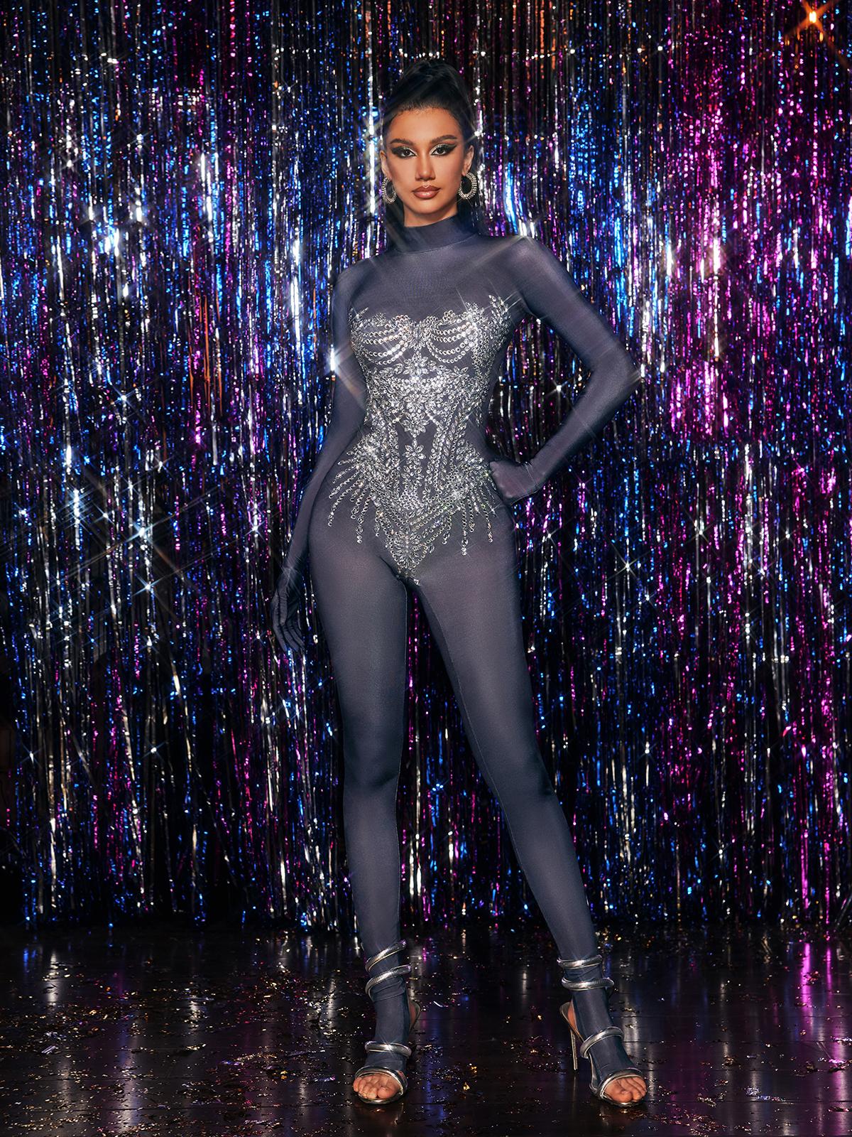 Chesten Long Sleeve Rhinestone Embellished Jumpsuit