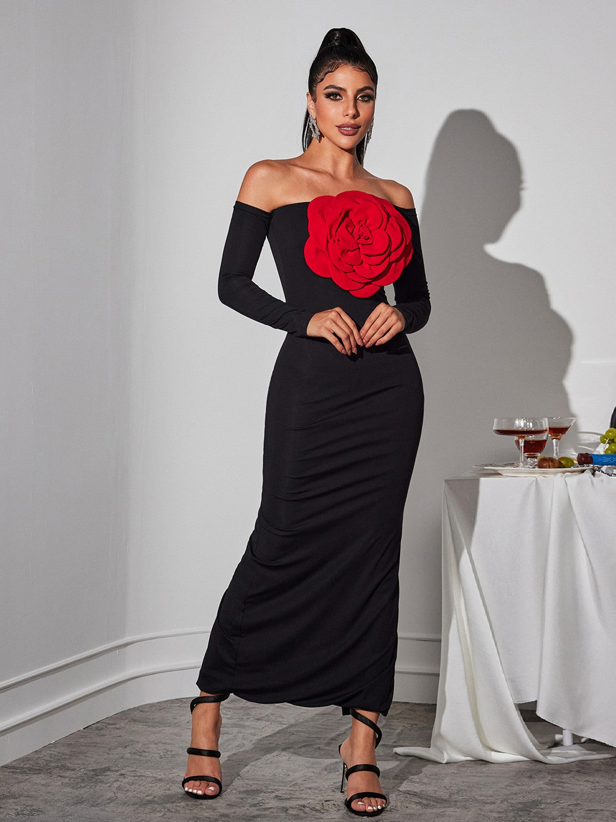 Claus Off Shoulder Red Flower Maxi Dress