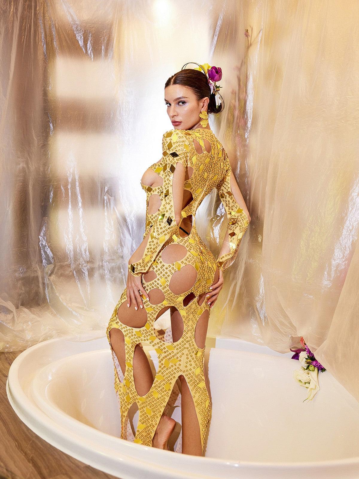 Cocona Square Hollow Embellished Dress In Gold