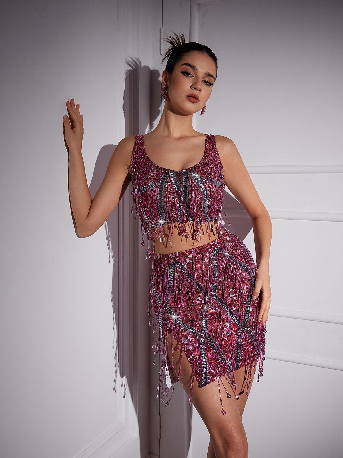 Colette Crystal Chain Fringe Split Skirt Set In Pink