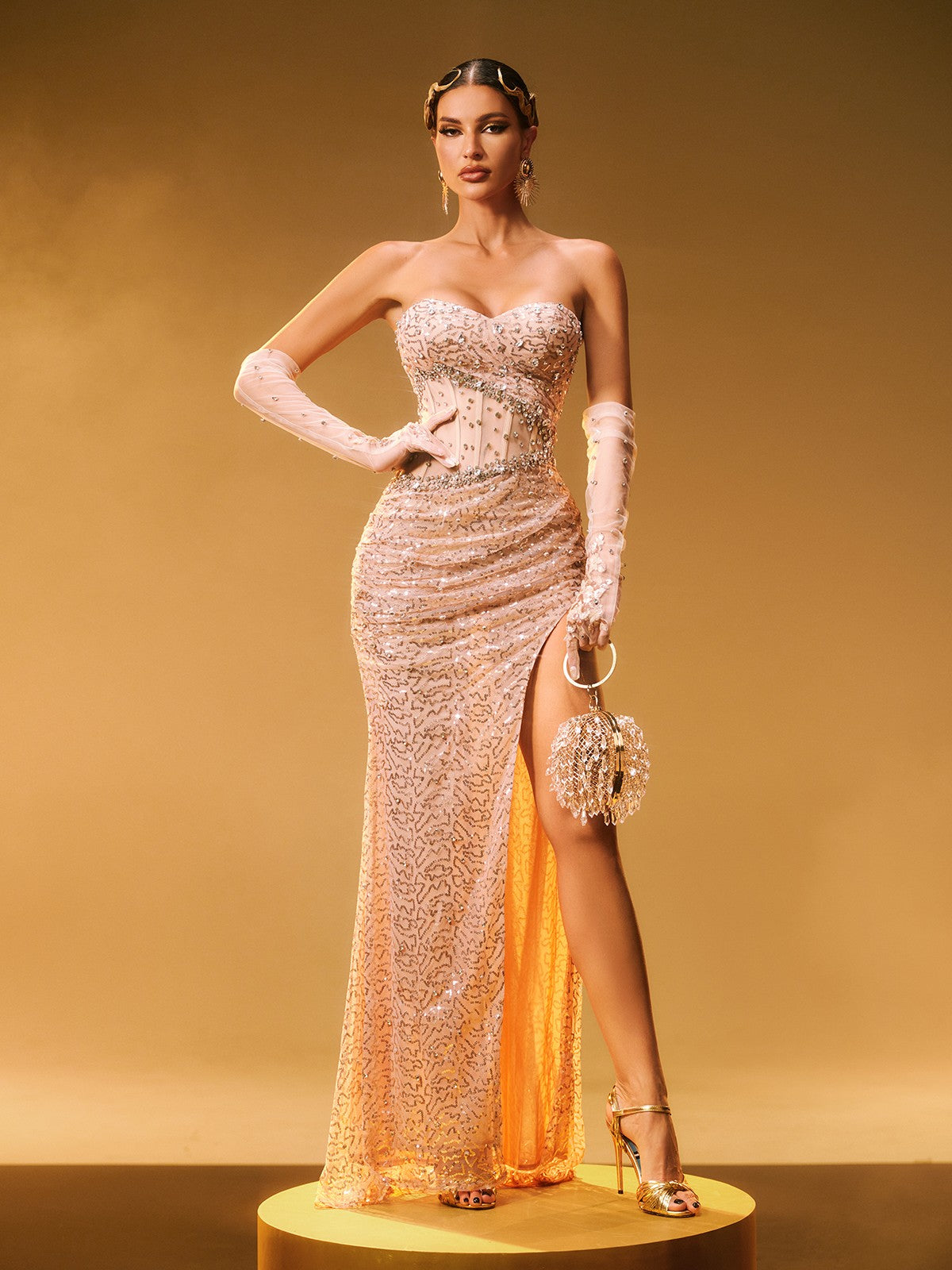 Coralyn Strapless Rhinestone Split Maxi Dress