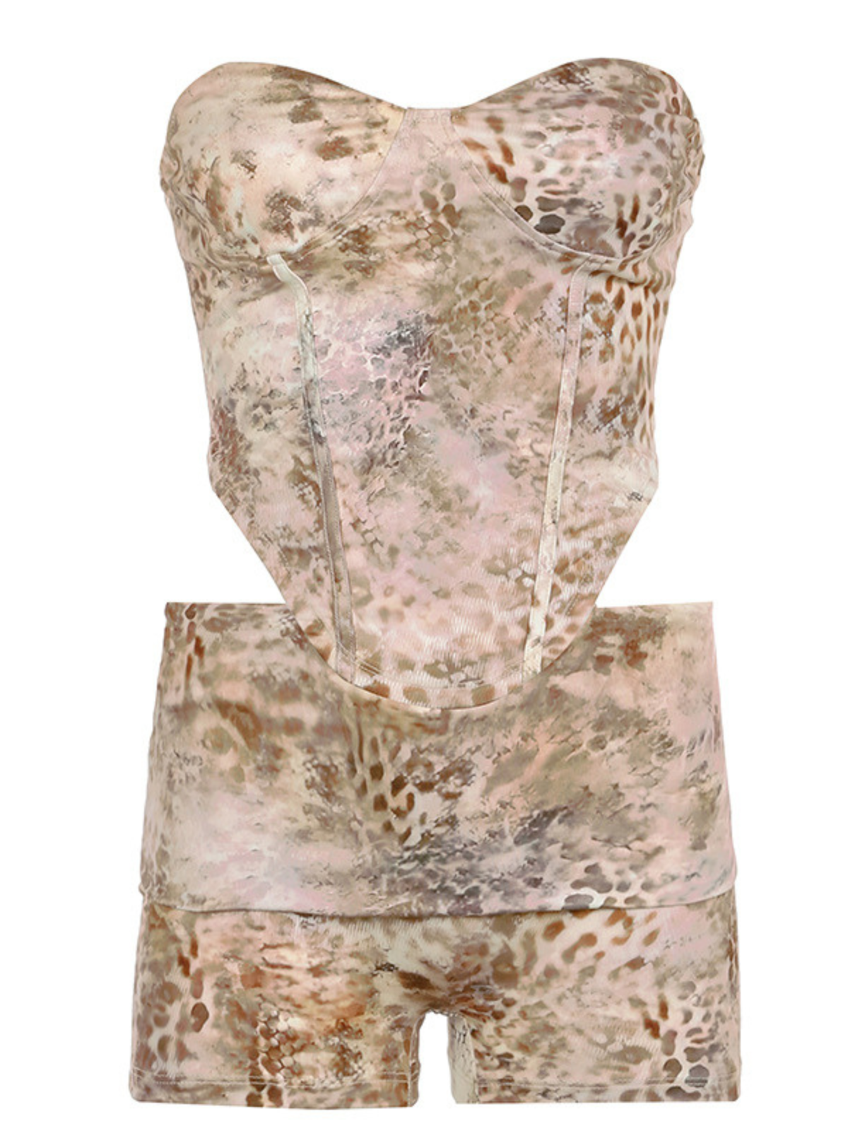 Corvilde Strapless Leopard Shorts Set In Khaki