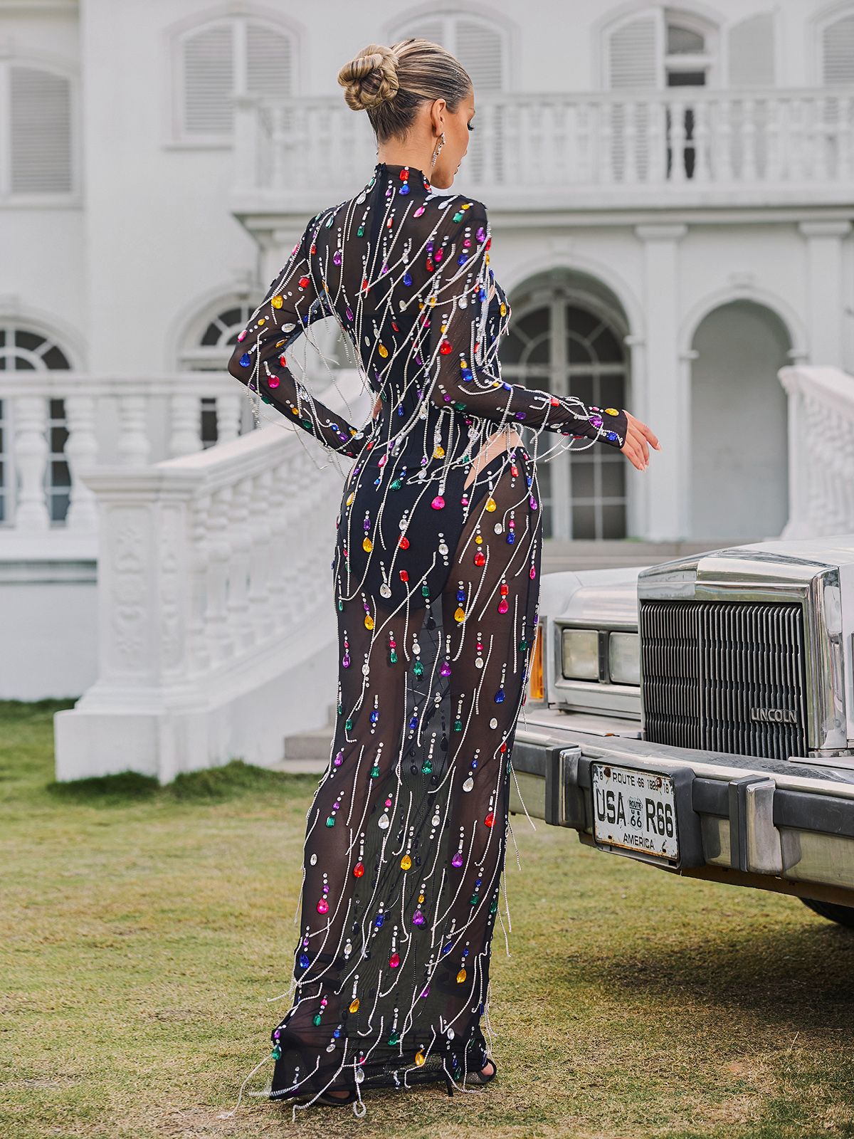 Corvina Fringe Embellished Mesh Maxi Dress