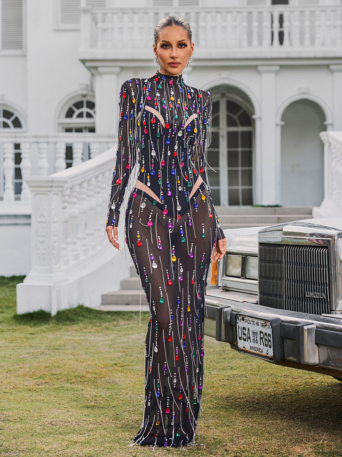 Corvina Fringe Embellished Mesh Maxi Dress