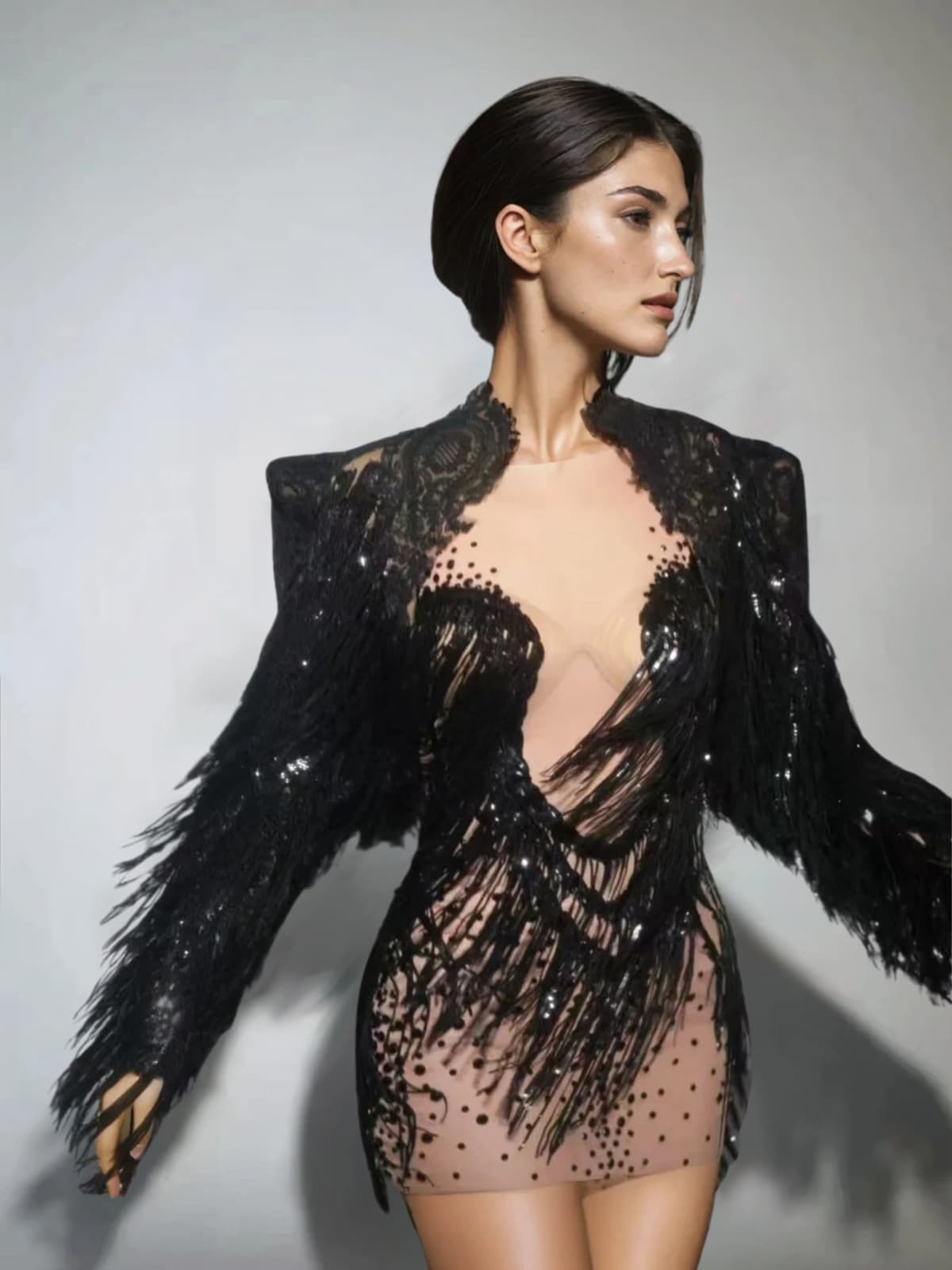 Cyvra Fringe Mesh Mini Dress With Coat In Black