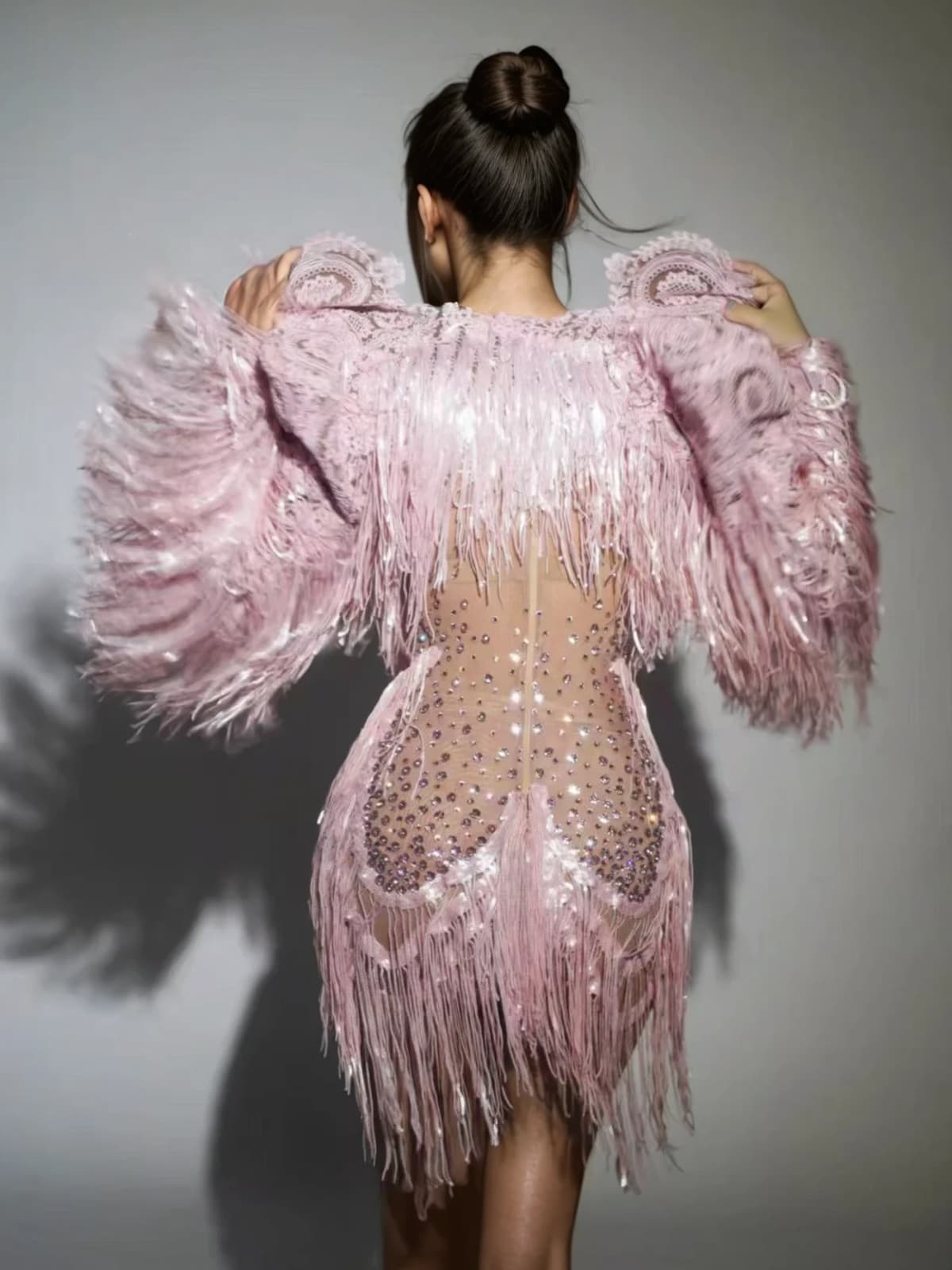 Cyvra Fringe Mesh Mini Dress With Coat In Pink