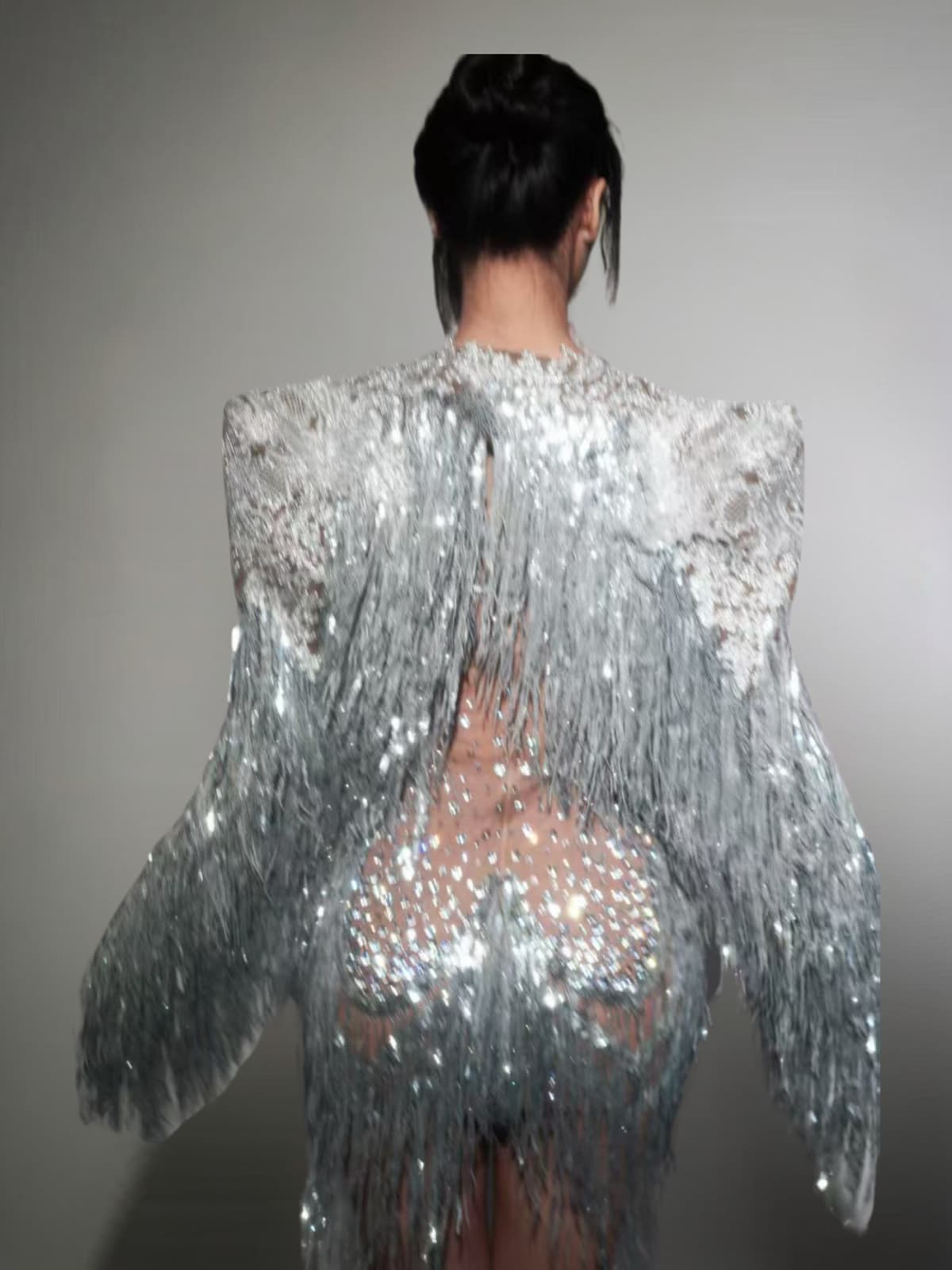 Cyvra Fringe Mesh Mini Dress With Coat In Silver