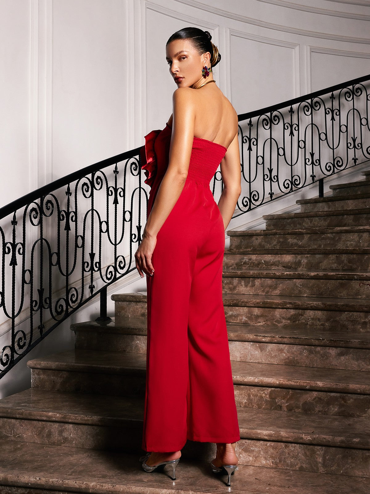 Dunja Strapless Flower Jumpsuit In Red