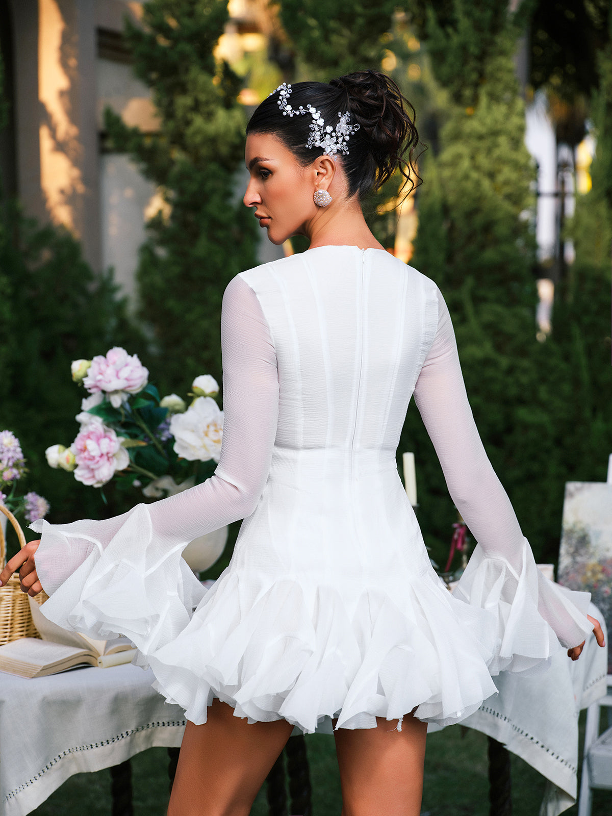 Edsel Flare Sleeve Button Mini Dress In White