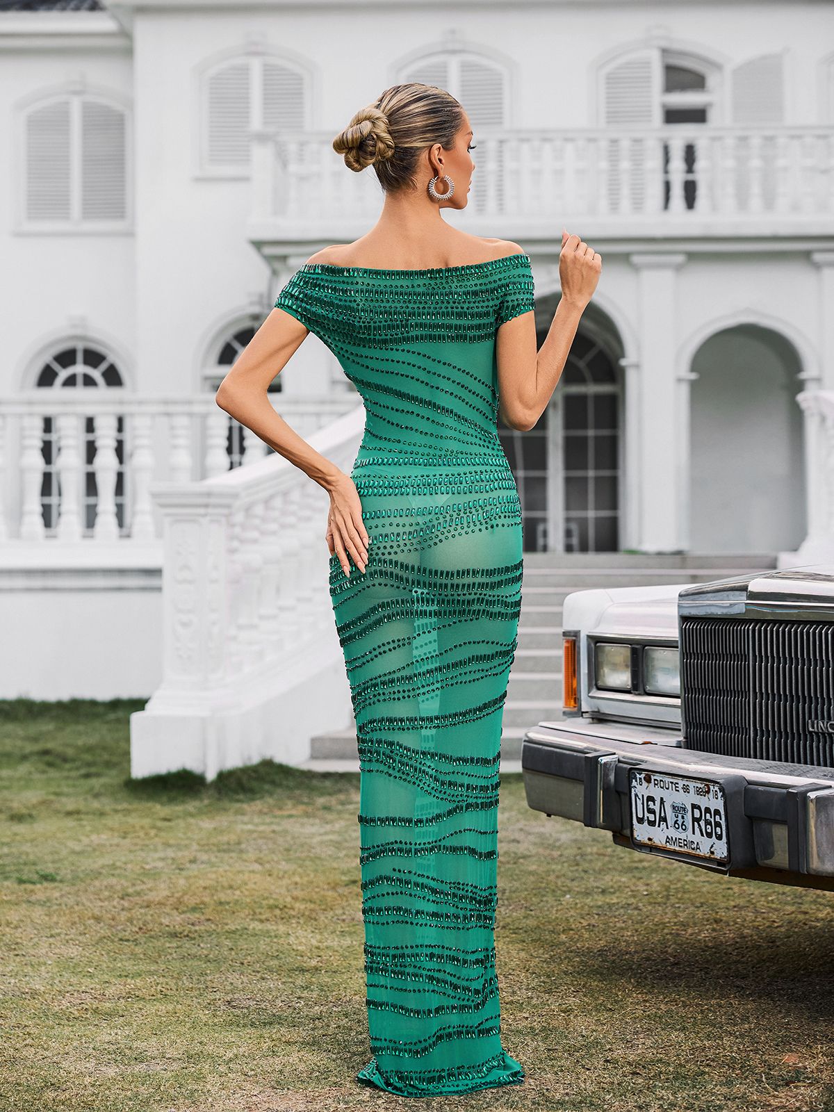 Eryx Off Shoulder Rhinestone Mesh Maxi Dress In Green