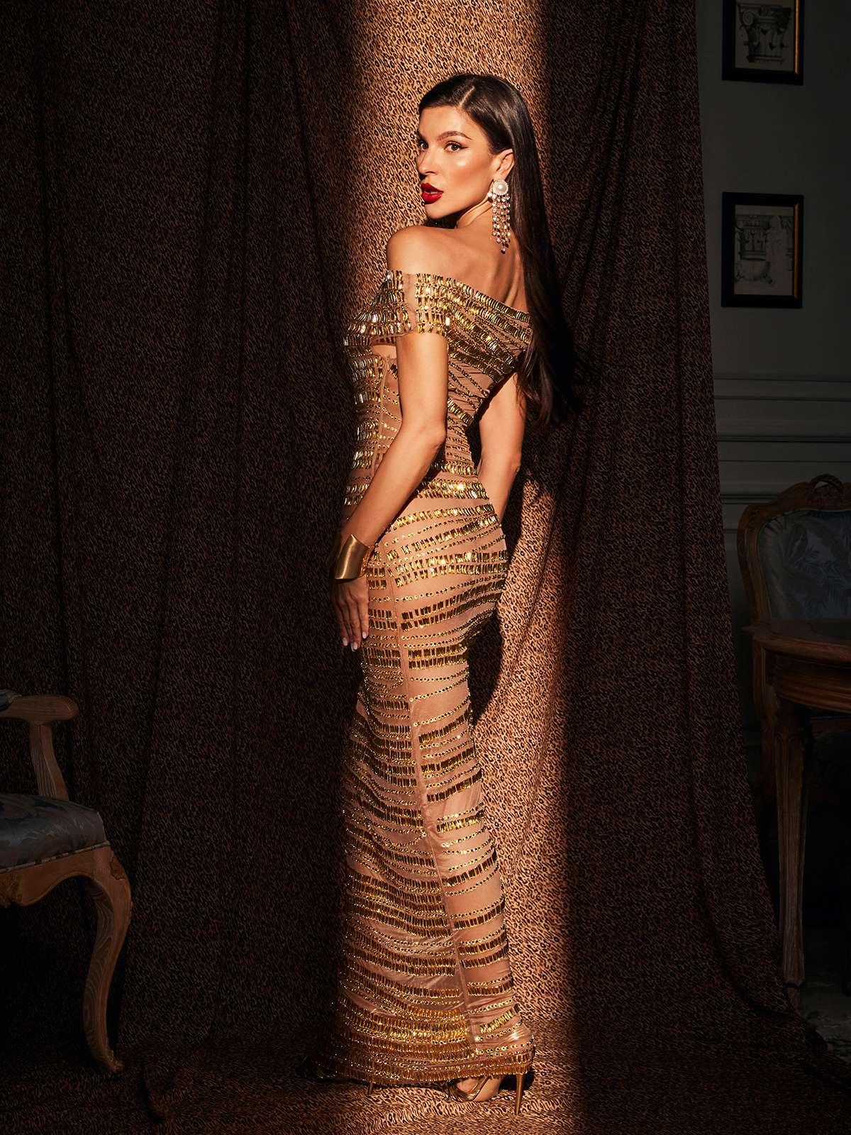 Eryx Off Shoulder Rhinestone Mesh Maxi Dress